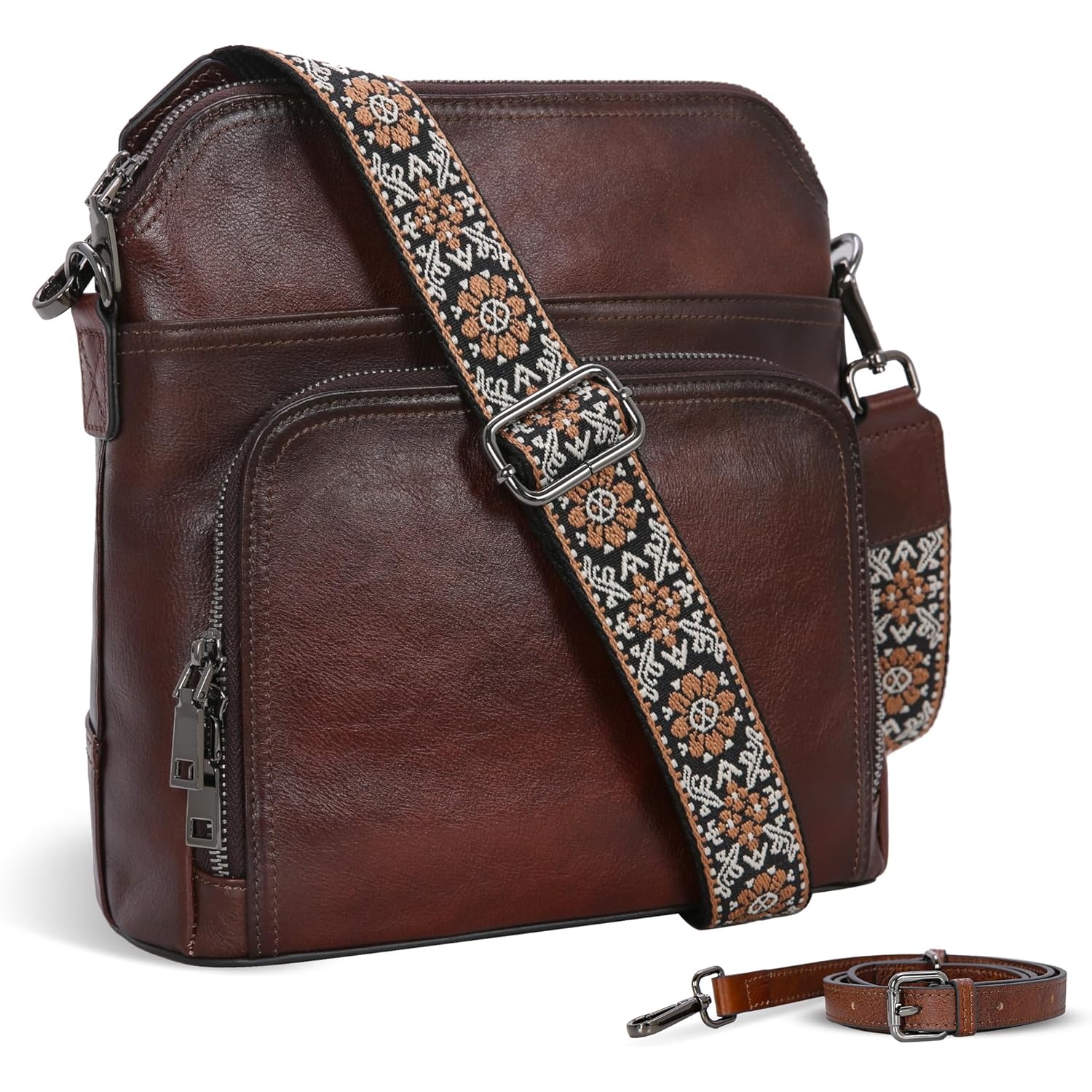 Iswee Leather Crossbody Bags for Women Multi Pockets Medium Shoulder Bag Lightweight Functional Travel Purse