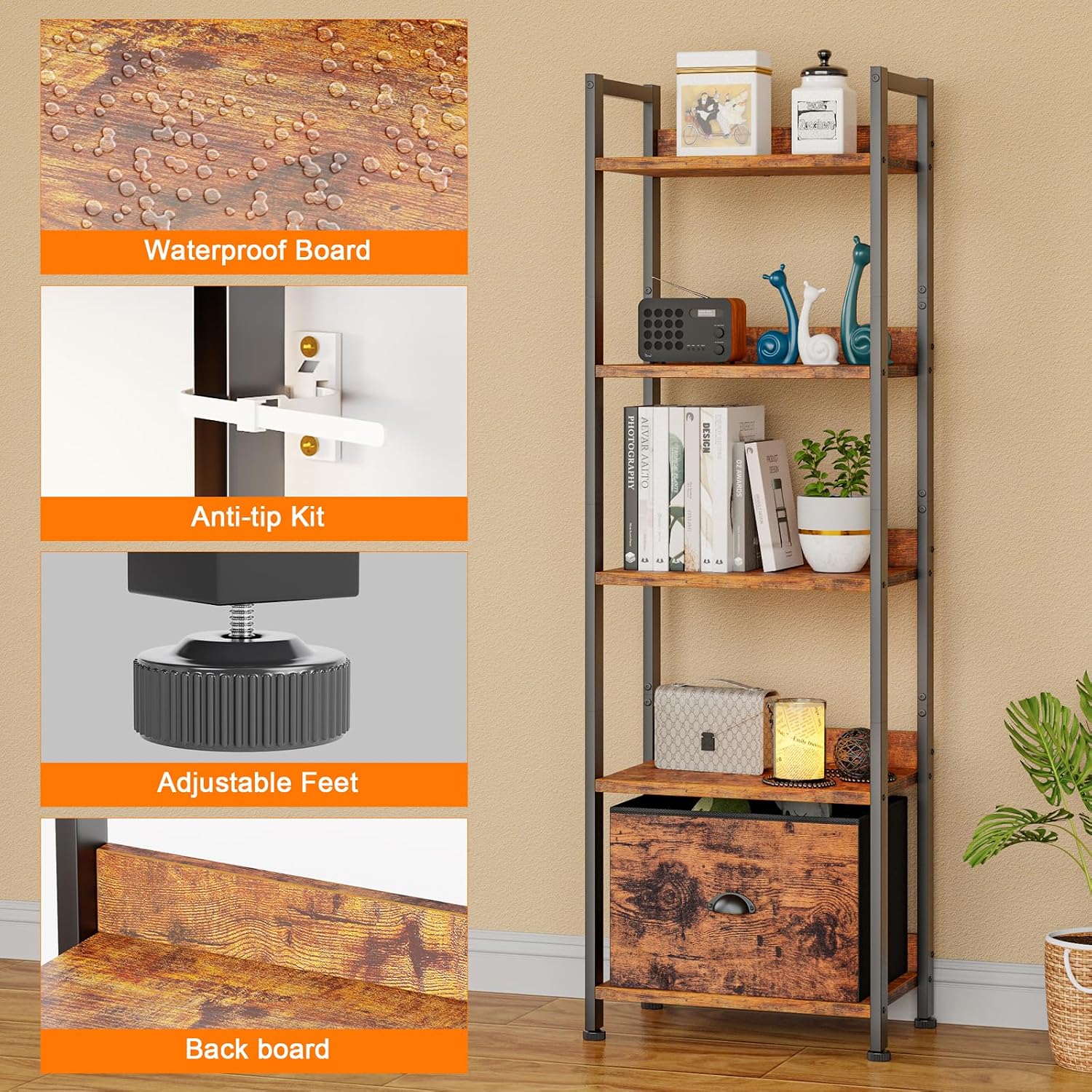 Furologee 5 Tier Bookshelf With Drawer, Tall Narrow Bookcase With Shelves, Wood And Metal Bookshelves Storage Organizer, Industrial Display Standing Shelf Unit For Bedroom, Living Room, Rustic Brown