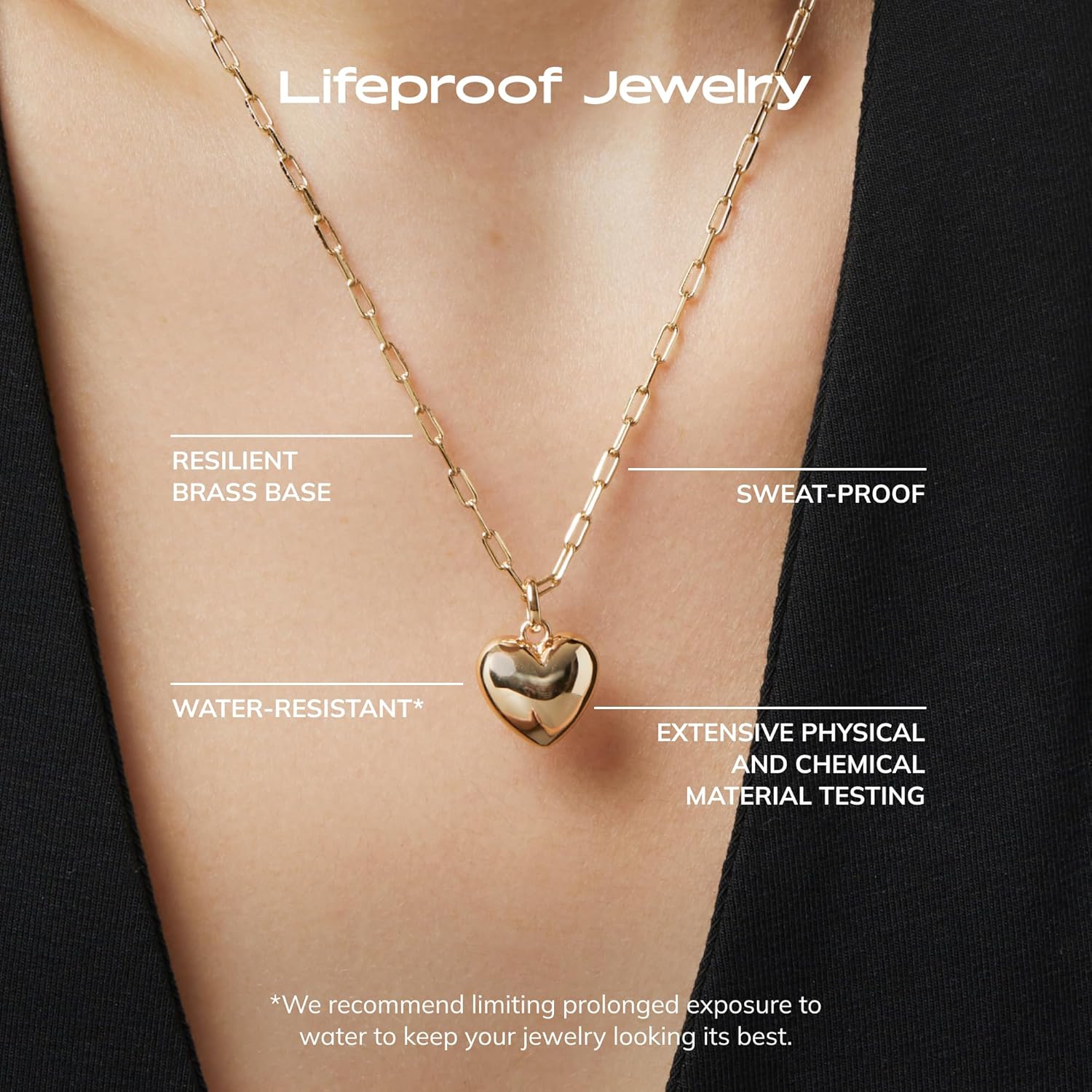 Ana Luisa Lev Puffy Heart Necklace for Women - Paperclip Chain w/ 14K Gold Plated & Silver Rhodium Plated Small Puffed Heart Pendant - Hypoallergenic, Water-Resistant, Tarnish-Free Jewelry