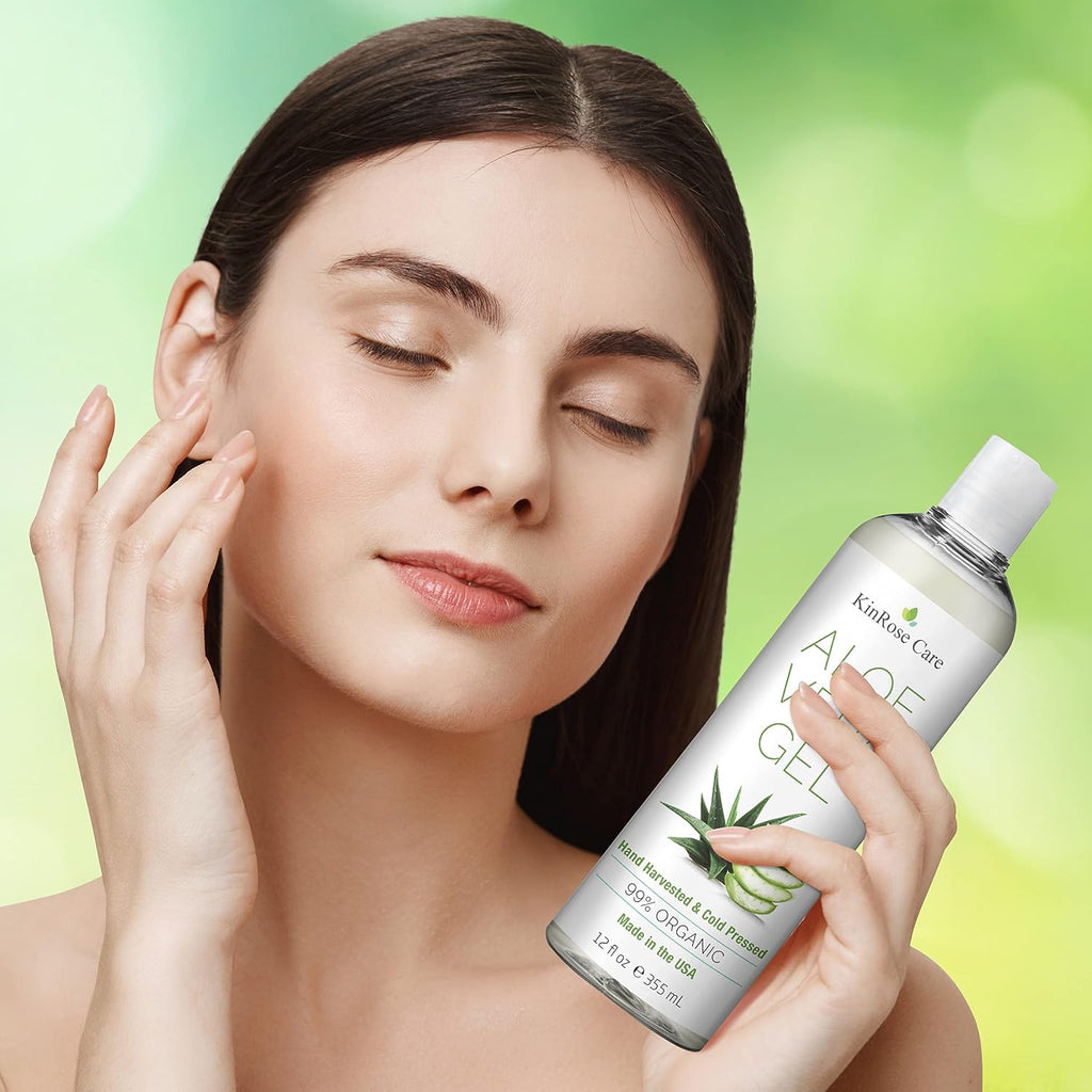 Kinrose Care, 12Oz Aloe Vera Gel For Face, Skin, Hair & Sunburn Relief - From Pure Organic Aloe Vera (99%) - Cold Pressed, Vegan, Unscented - Made In Usa.