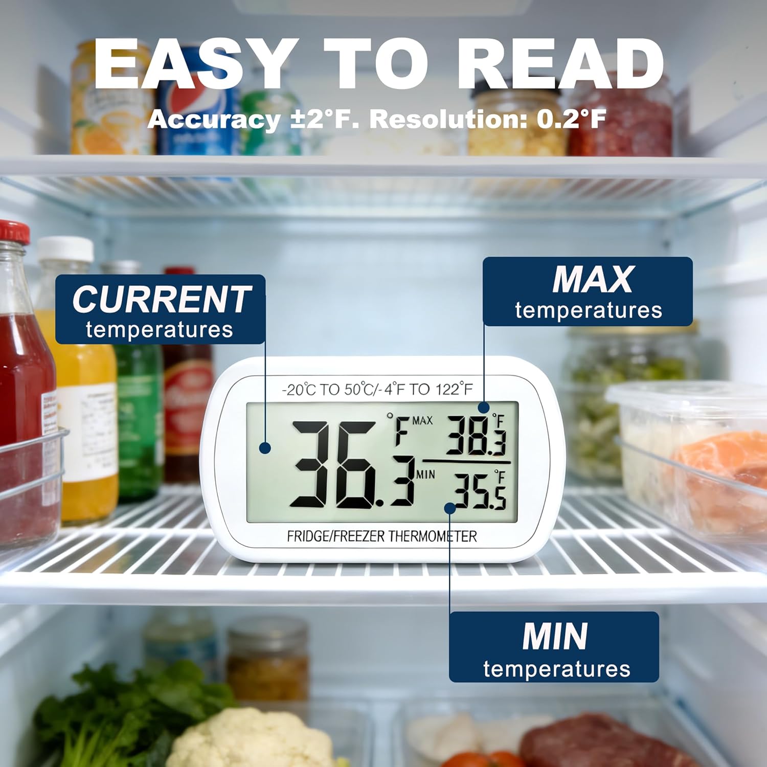 Waterproof Refrigerator Fridge Thermometer, Digital Freezer Room Thermometer, Max/Min Record Function Large Lcd Screen And Magnetic Back For Kitchen, Home, Restaurants (2 Pack)