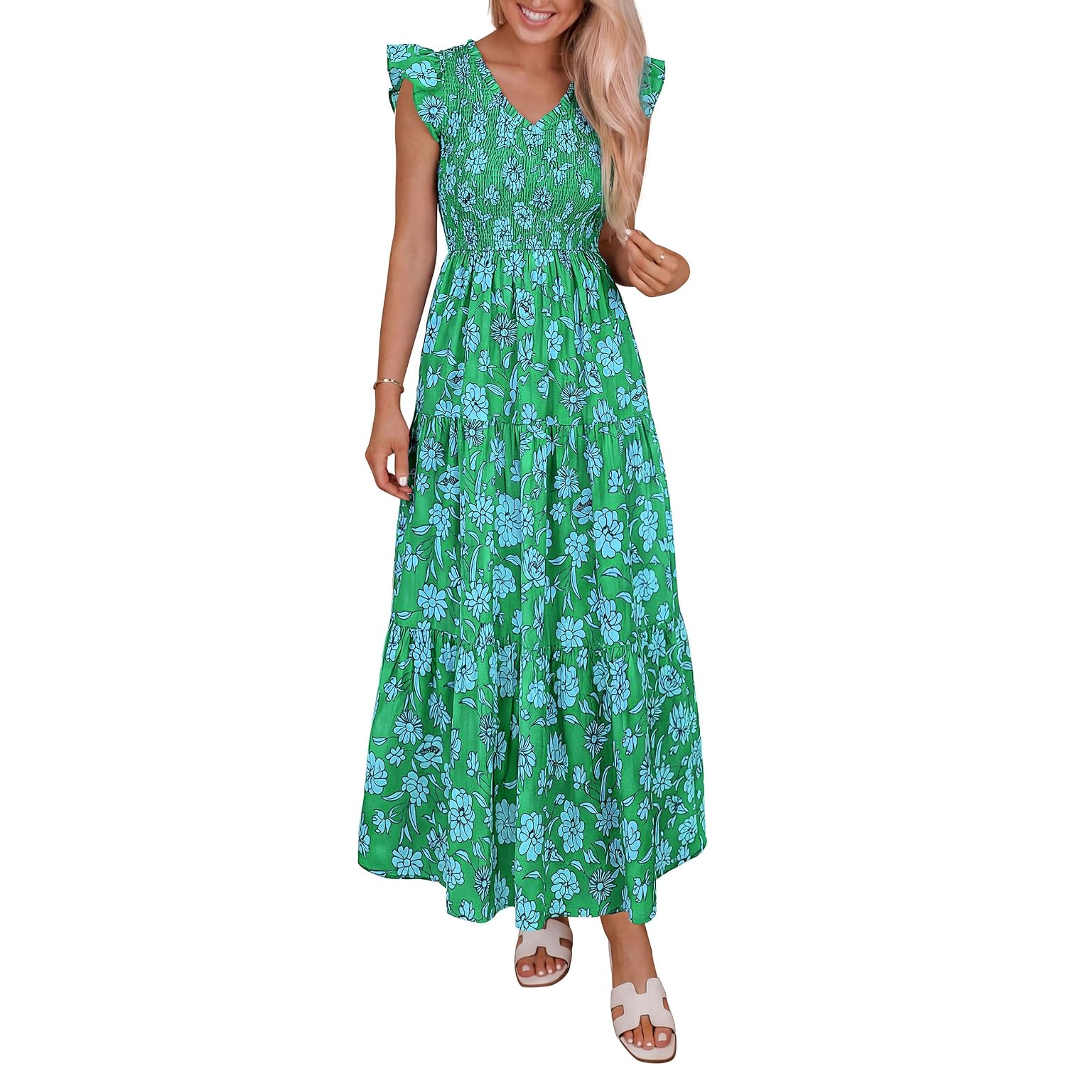 Prettygarden Women'S Boho Floral Maxi Dress 2026 Summer Smocked V Neck Ruffle Sleeve Spring Flowy Beach Vacation Sundresses