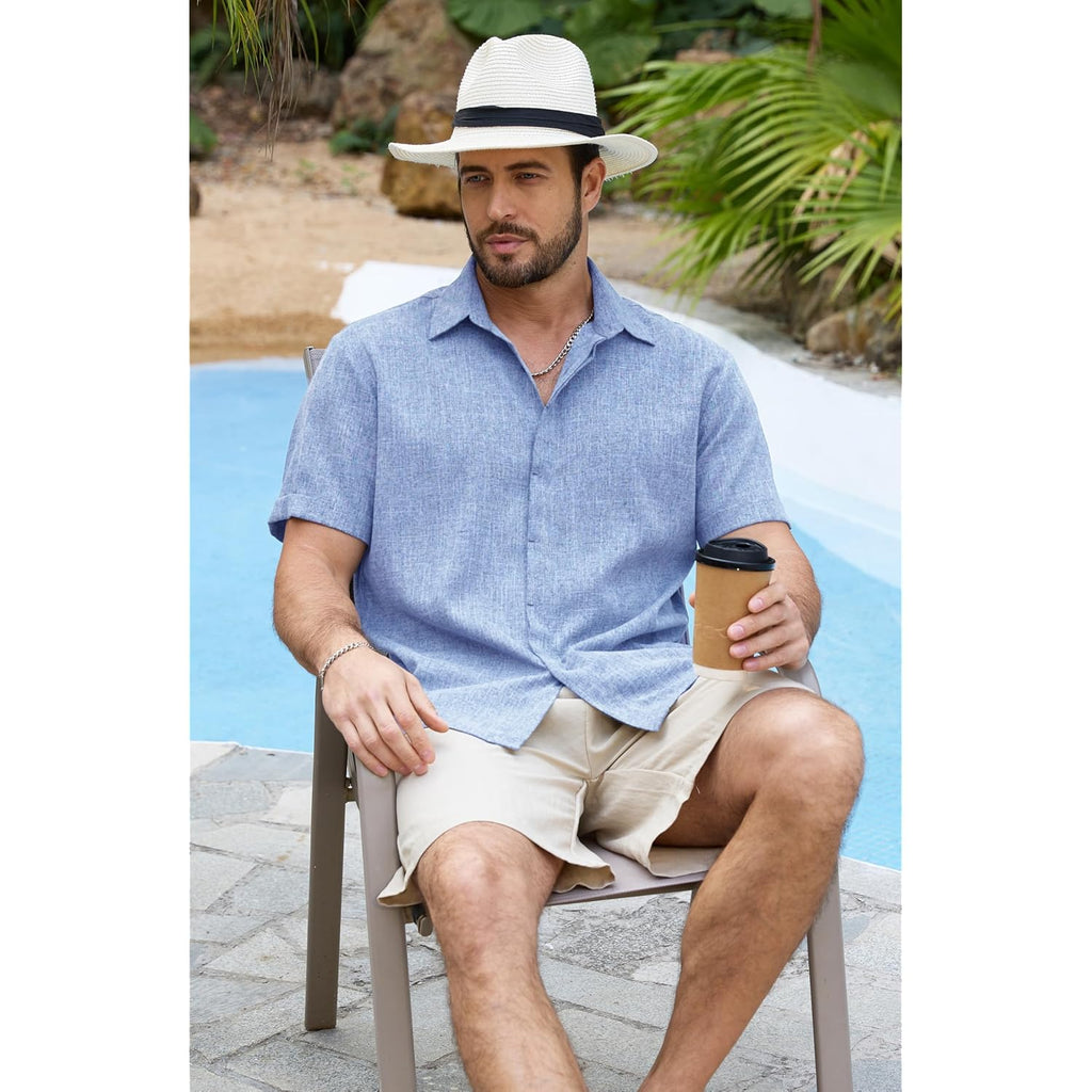 Mens Linen Shirts Short Sleeve Casual Shirt Button Down Summer Beach Vacation Tops Men Casual Dress Shirts Breathable