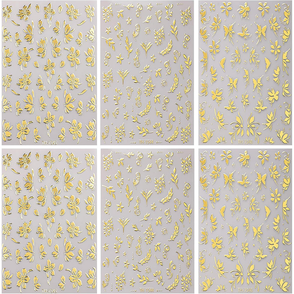 6 Sheets Gold Nail Art Stickers 3D Self -Adhesive Golden Flowers Leaves Nail Decals Holographic Hot Stamping Floral Nail Stickers Summer Blossom Nail Decoration for Women DIY Manicure Supplies