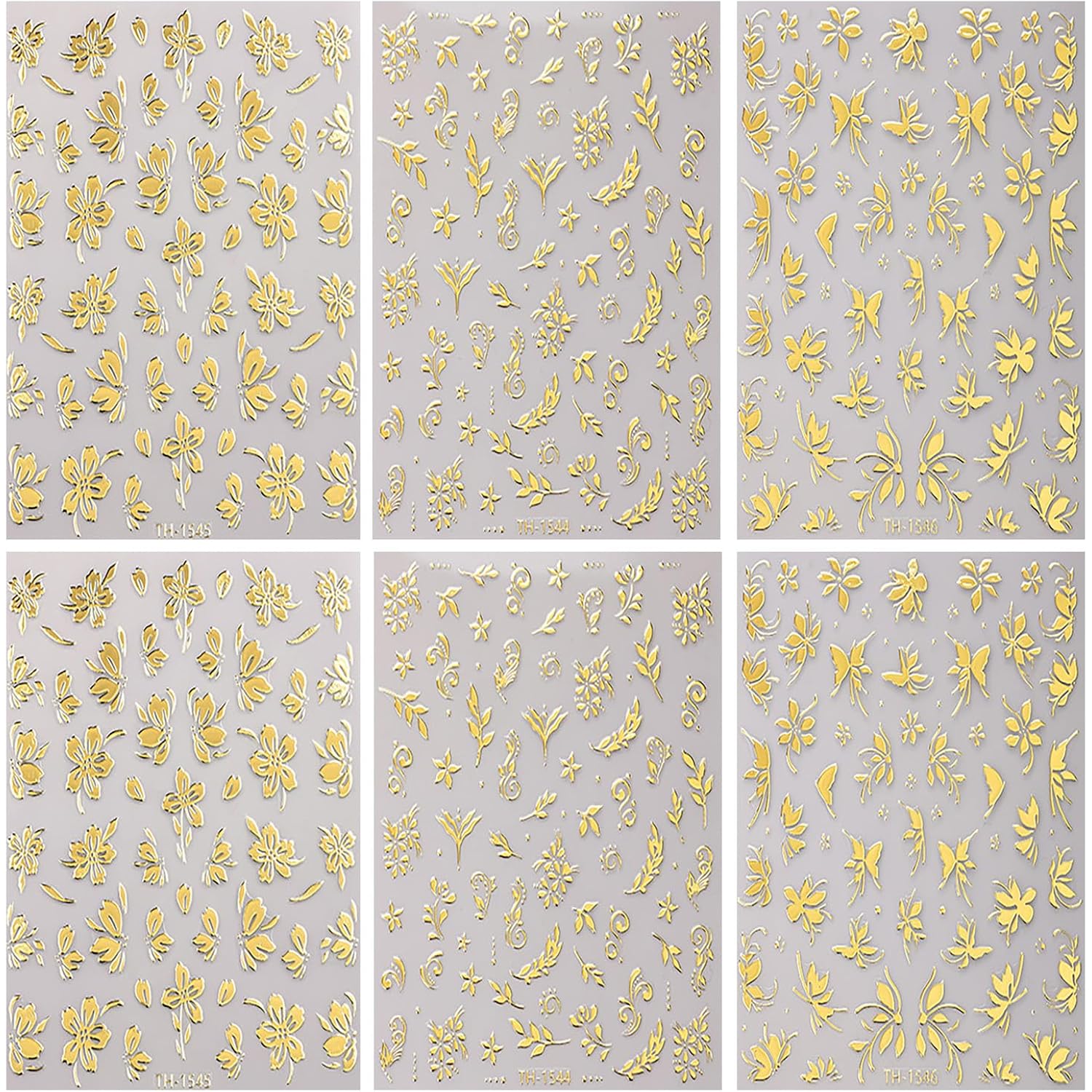 6 Sheets Gold Nail Art Stickers 3D Self -Adhesive Golden Flowers Leaves Nail Decals Holographic Hot Stamping Floral Nail Stickers Summer Blossom Nail Decoration for Women DIY Manicure Supplies