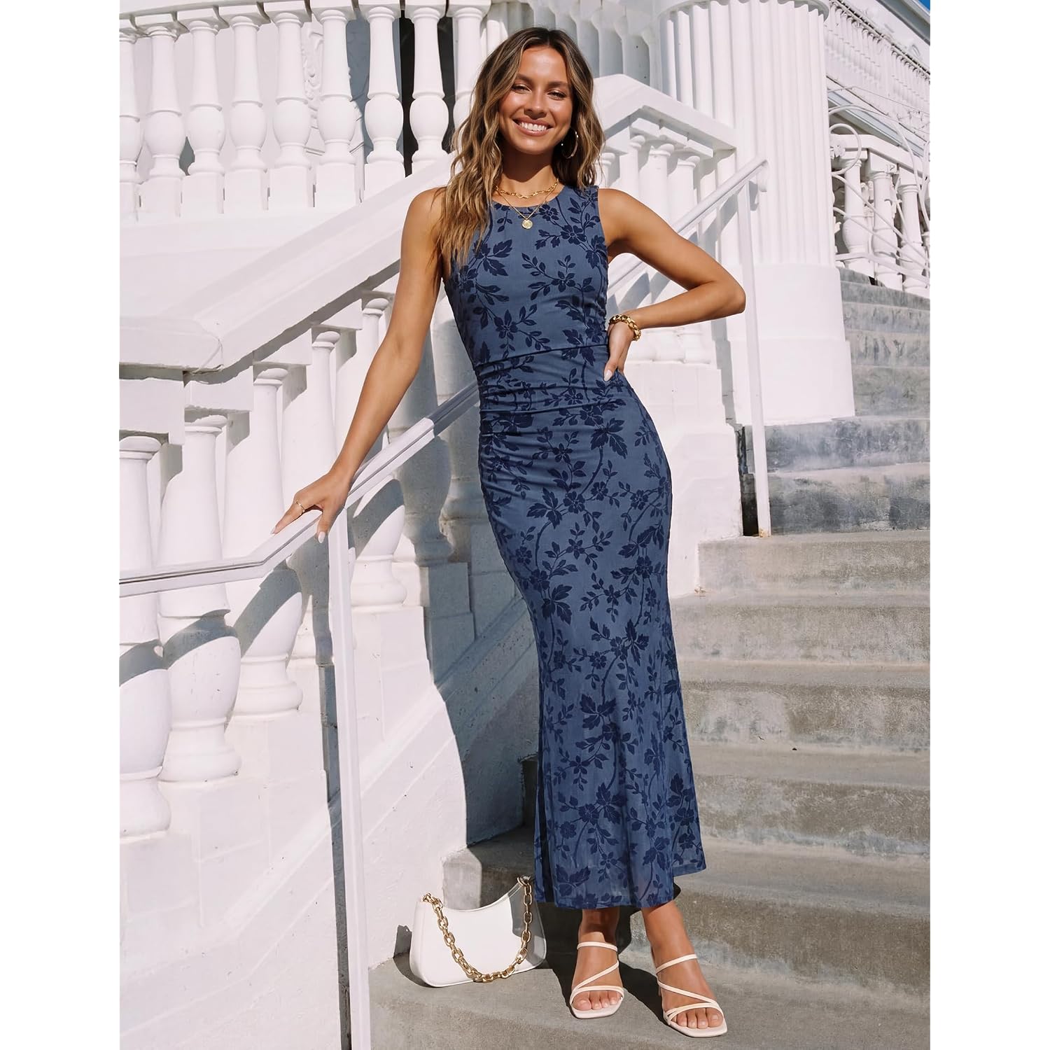 Zesica Women'S Sleeveless Floral Bodycon Maxi Dress 2026 Summer Ruched Mesh Wedding Guest Cocktail Party Dresses