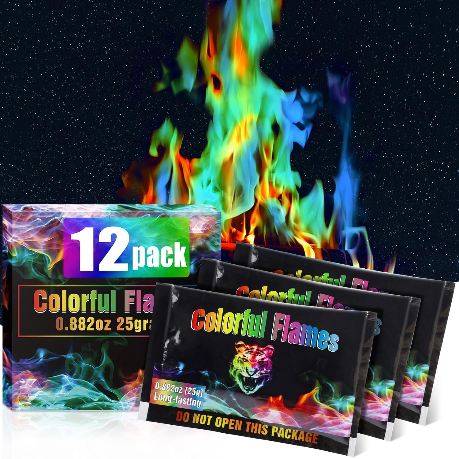 12Pack Fire Color Changing Packets，Magic Color Fire Packets For Outdoor Campfires, Fire Pits, Fireplaces, Long-Lasting Colorful Flames, Safe Camping Essentials
