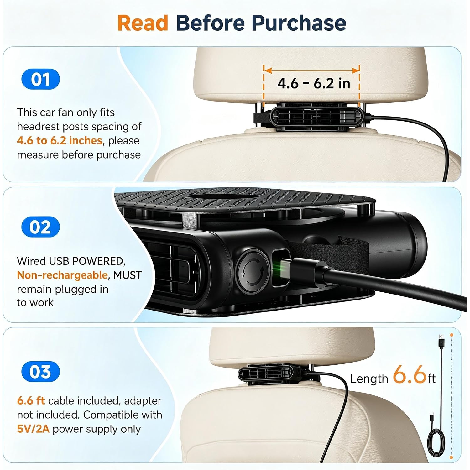 Elftrip Car Seat Fan With Dual Air Outlets, Corded Usb Car Fans For Kids For Driver Passenger, Stronger 3 Speeds, Forward Or Backward Airflow, Fits In Most Car Suv (1 Pack No Recharge Plug-In To Work)