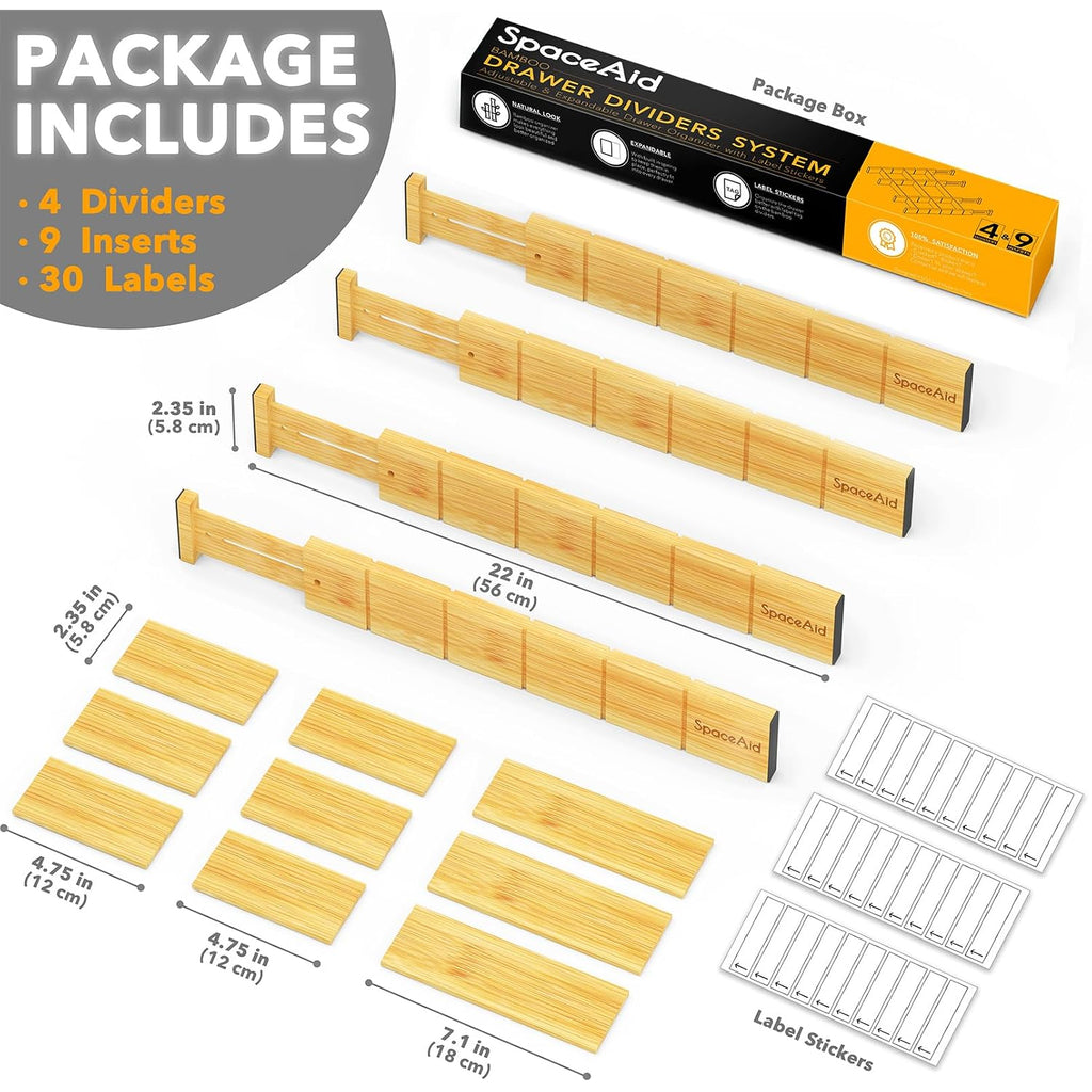 Spaceaid Bamboo Drawer Dividers With Inserts And Labels, Kitchen Adjustable Drawer Organizers, Expandable Organization For Home, Office, Dressers, 4 Dividers With 9 Inserts (17"-22" Natural)