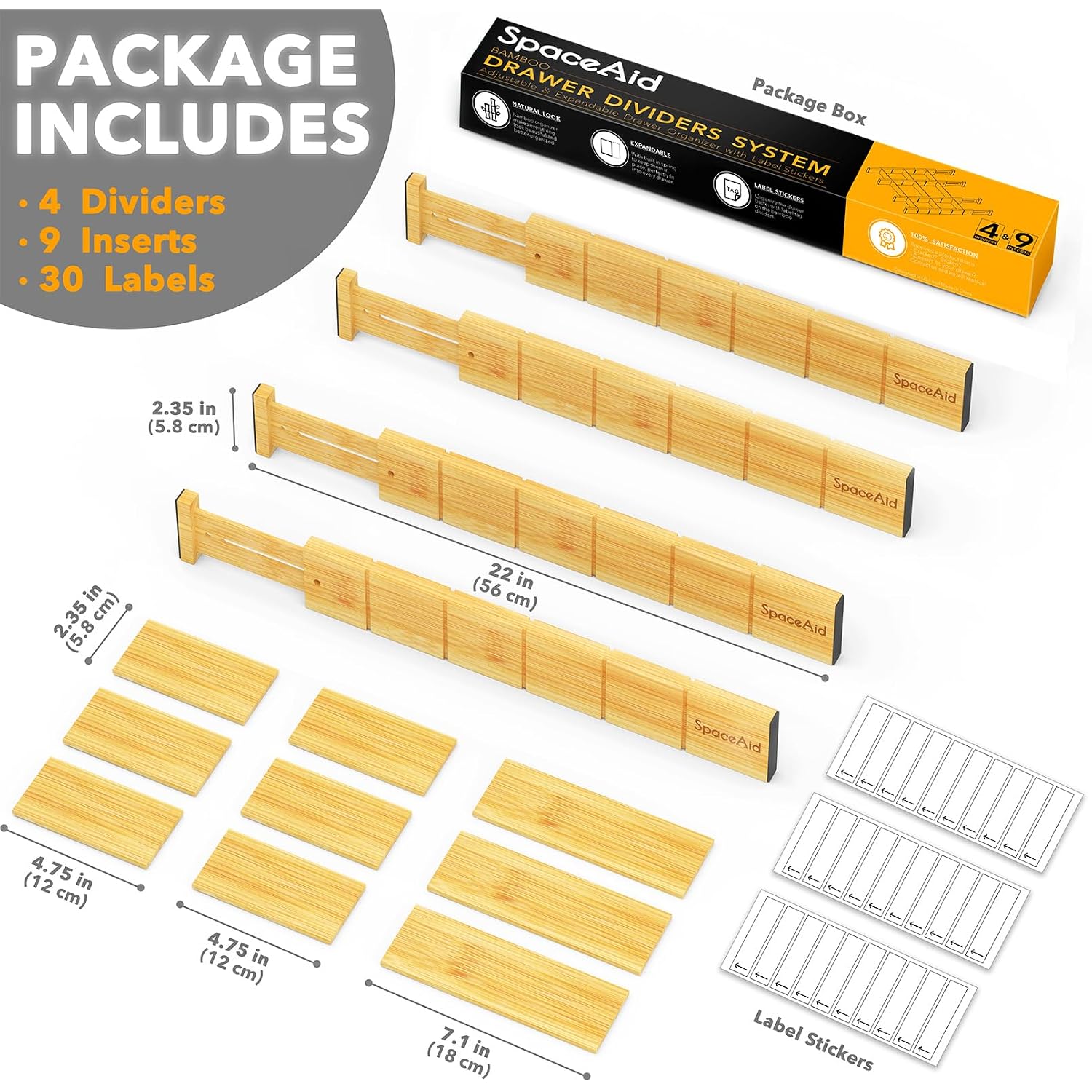 Spaceaid Bamboo Drawer Dividers With Inserts And Labels, Kitchen Adjustable Drawer Organizers, Expandable Organization For Home, Office, Dressers, 4 Dividers With 9 Inserts (17"-22" Natural)