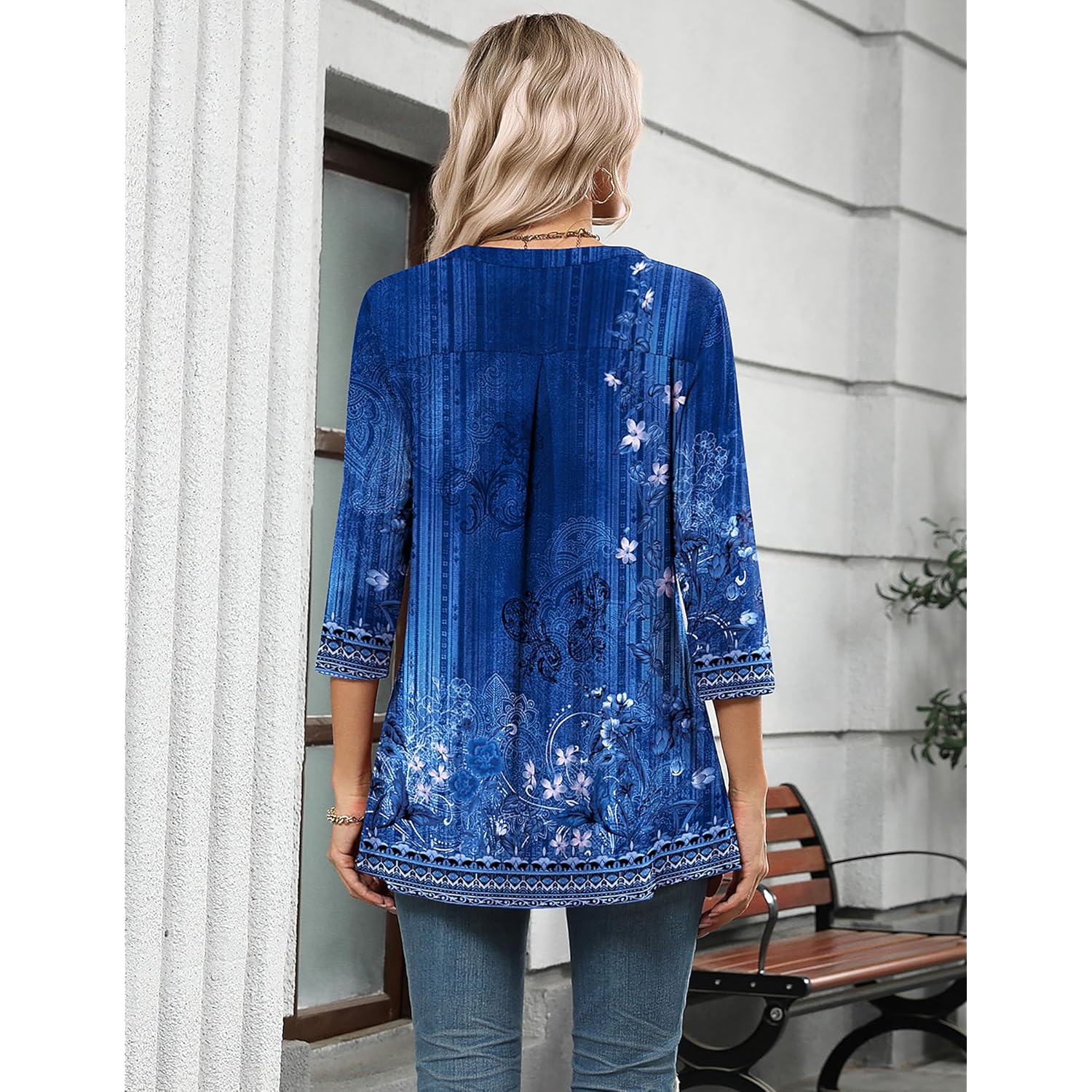 Womens 3/4 Length Sleeve Tops V Neck Tunic Casual Dressy Blouse Floral Printed Shirts