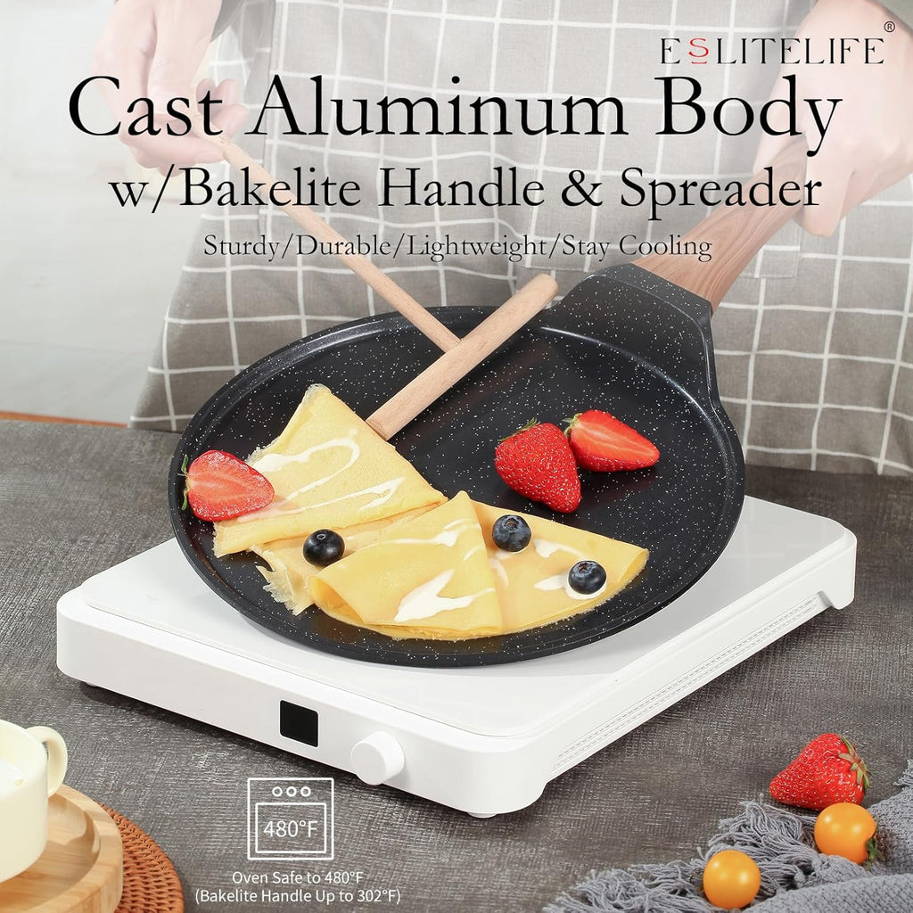 ESLITE LIFE 11 Inch Crepe Pan with Spreader, Nonstick Granite Coating Dosa Pan, Roti Tawa Comal Para Tortillas Pancake Griddle Pan, Induction Compatible, PTFE & PFOA Free, Black