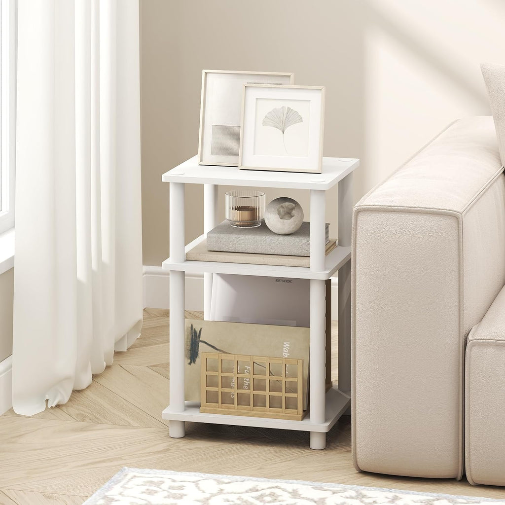 Furinno Turn-N-Tube Side Table, 3-Tier End Table With Open Shelf, Toolless Assembly Night Stand, Bedside Table, For Living Room, Bedroom, White