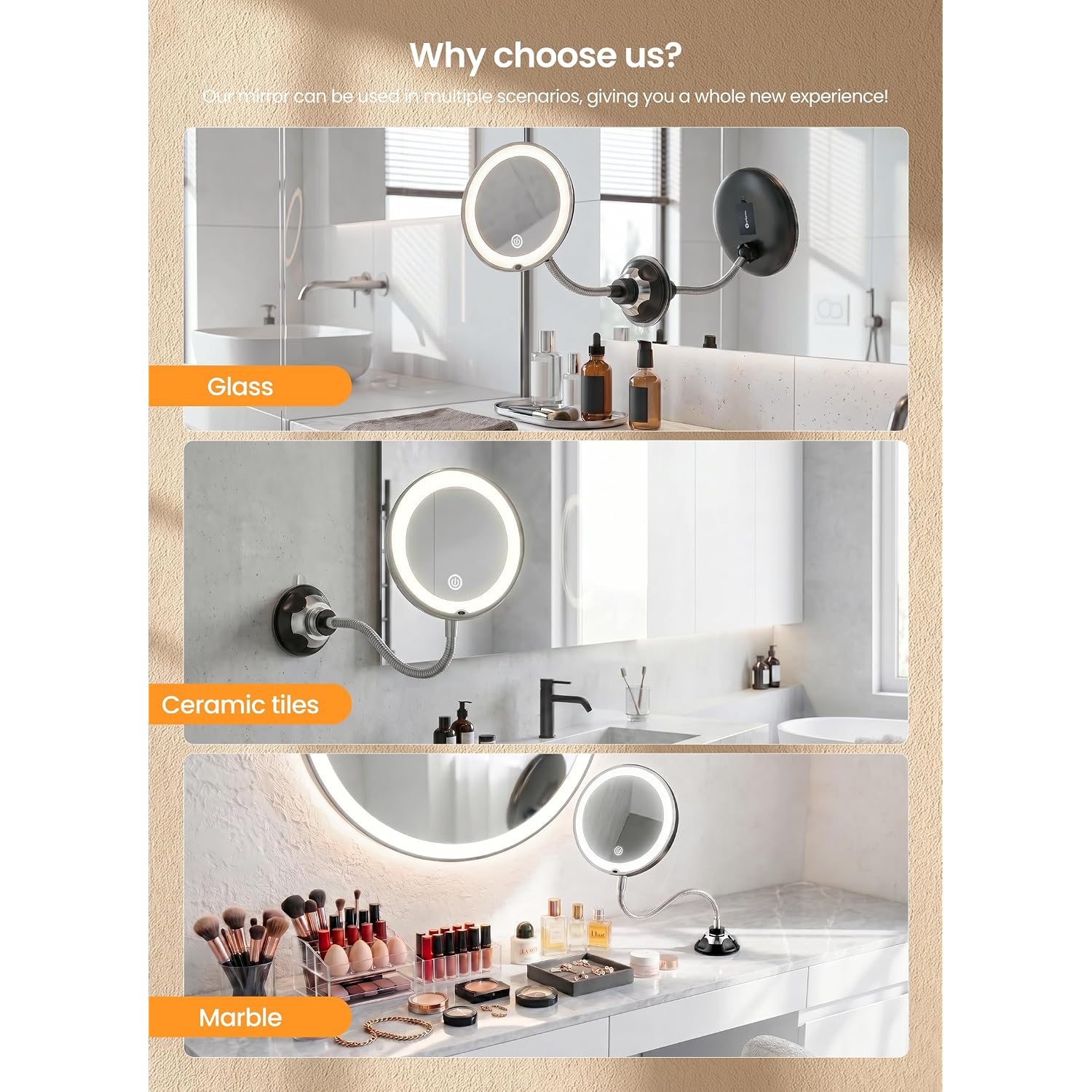 10X Makeup Mirror With Lights, Flexible Magnifying Mirror 3 Light Modes | Wall-Mounted Lighted Vanity Makeup Mirror, Cordless Battery Operated Led Mirror With Suction Cups For Shower Bathroom