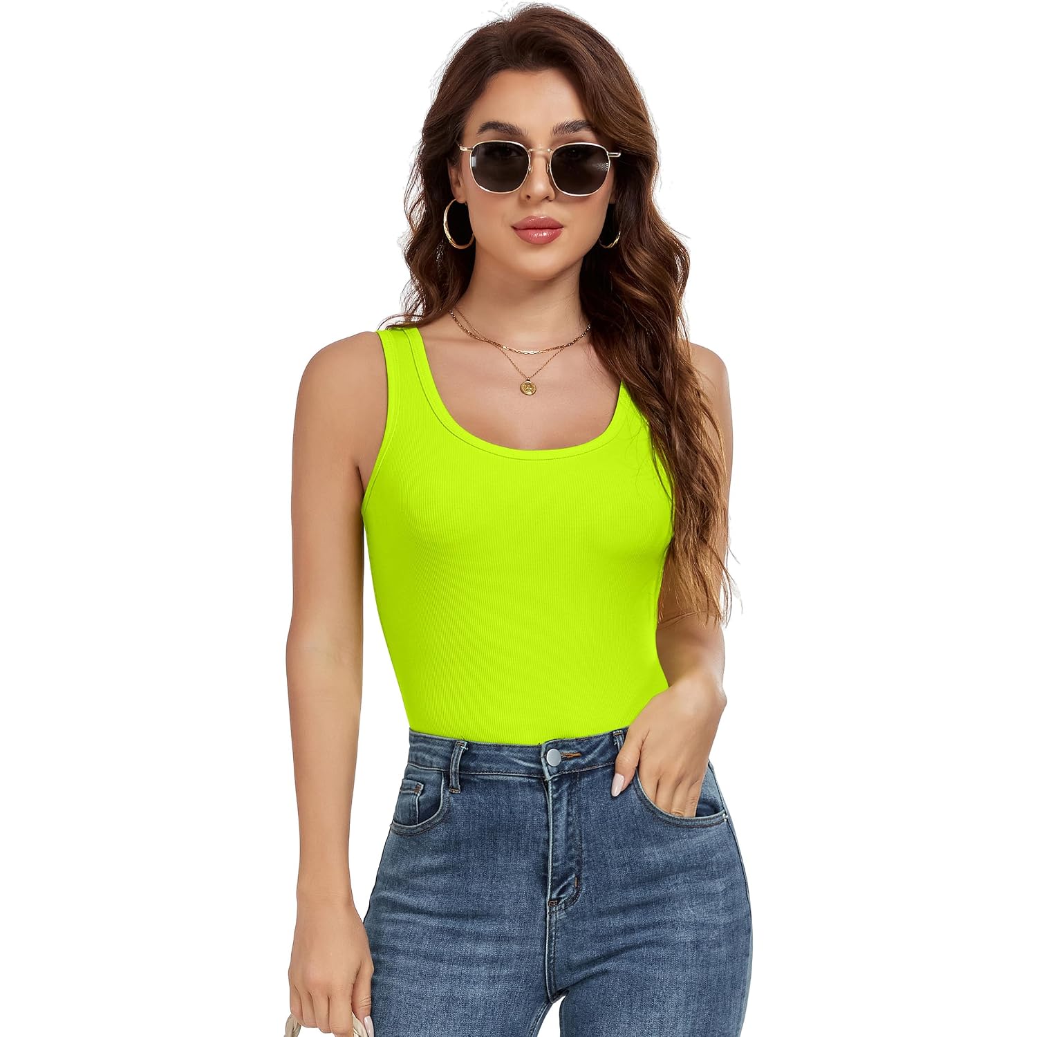 AUHEGN Tank Top for Women Summer Sleeveless Scoop Neck Ribbed Workout Tank Tops Slim Fitted Basic Cami Tee Shirts