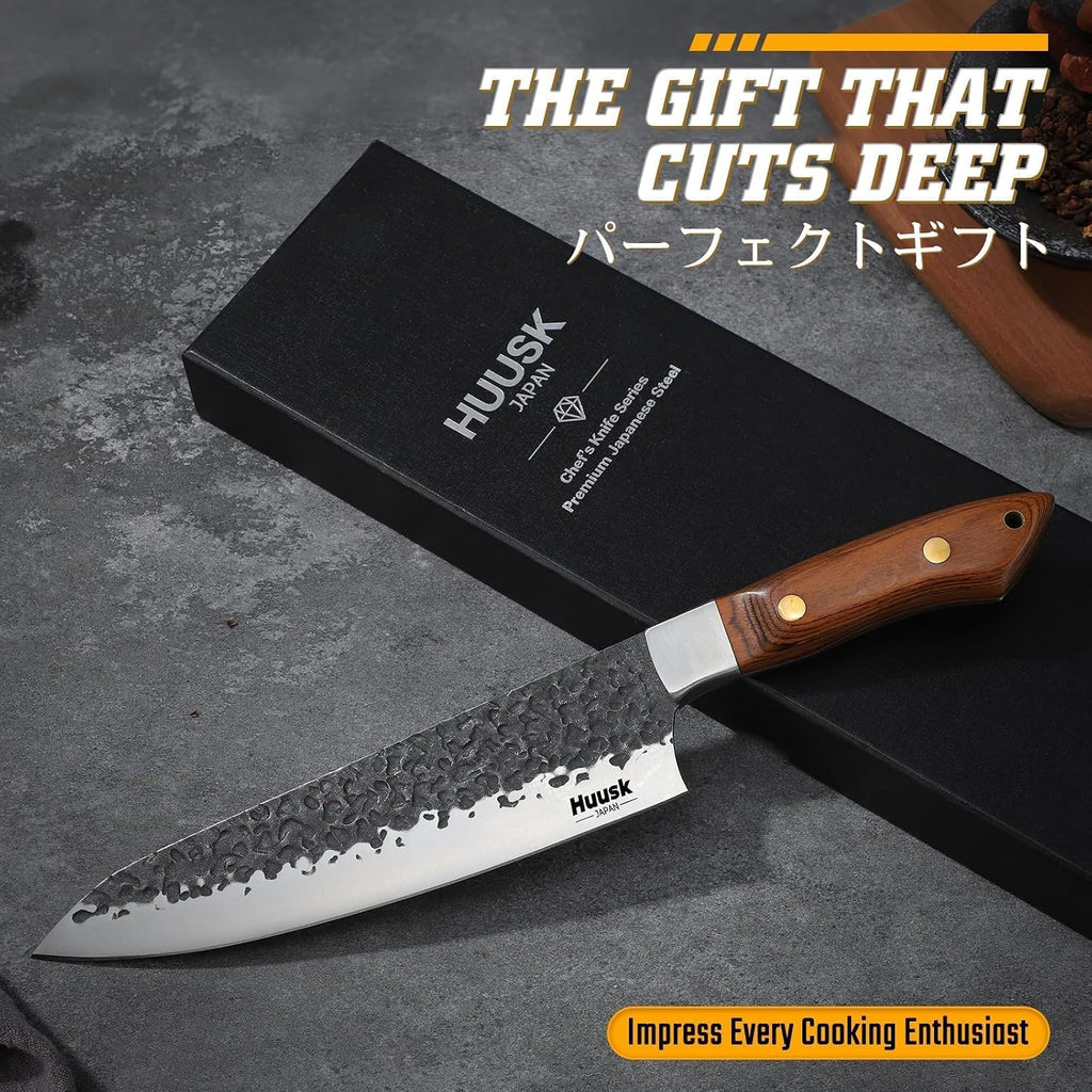 Huusk Japanese Chef Knife 8 Inch, Hand Forged Kitchen Knives With Ergonomic Full Tang Handle, High Carbon Steel Cooking Knife For Home Kitchen, Bbq, Camping, Christmas Gifts For Man