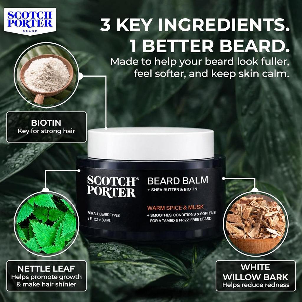 Scotch Porter Conditioning Beard Balm – Smooth, Shape, Moisturize & Soften Coarse, Dry Facial Hair while Encouraging Growth for a Fuller/Healthier-Looking Beard – Original Scent, 3 oz. Jar
