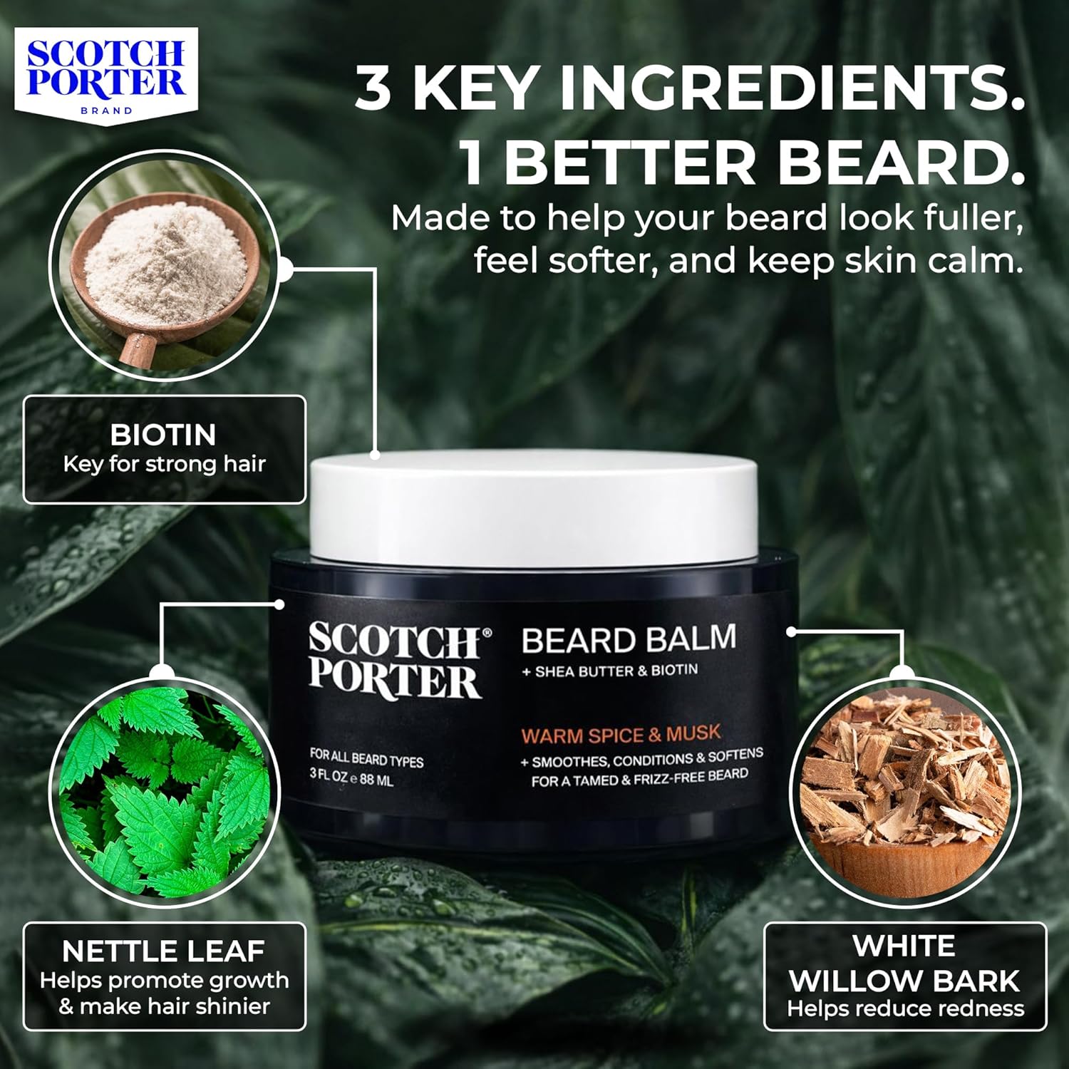 Scotch Porter Conditioning Beard Balm – Smooth, Shape, Moisturize & Soften Coarse, Dry Facial Hair while Encouraging Growth for a Fuller/Healthier-Looking Beard – Original Scent, 3 oz. Jar