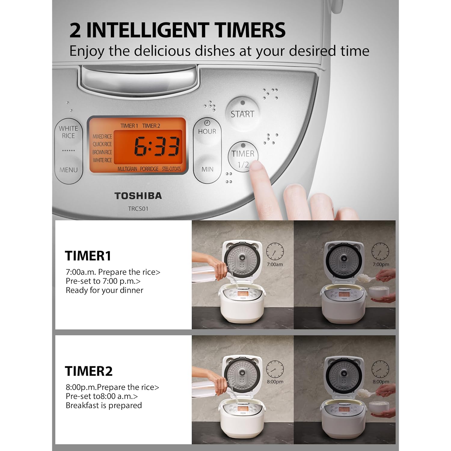 Toshiba Rice Cooker 6 Cup Uncooked – Japanese Rice Cooker With Fuzzy Logic Technology, 7 Cooking Functions, Digital Display, 2 Delay Timers And Auto Keep Warm, Non-Stick Inner Pot, White