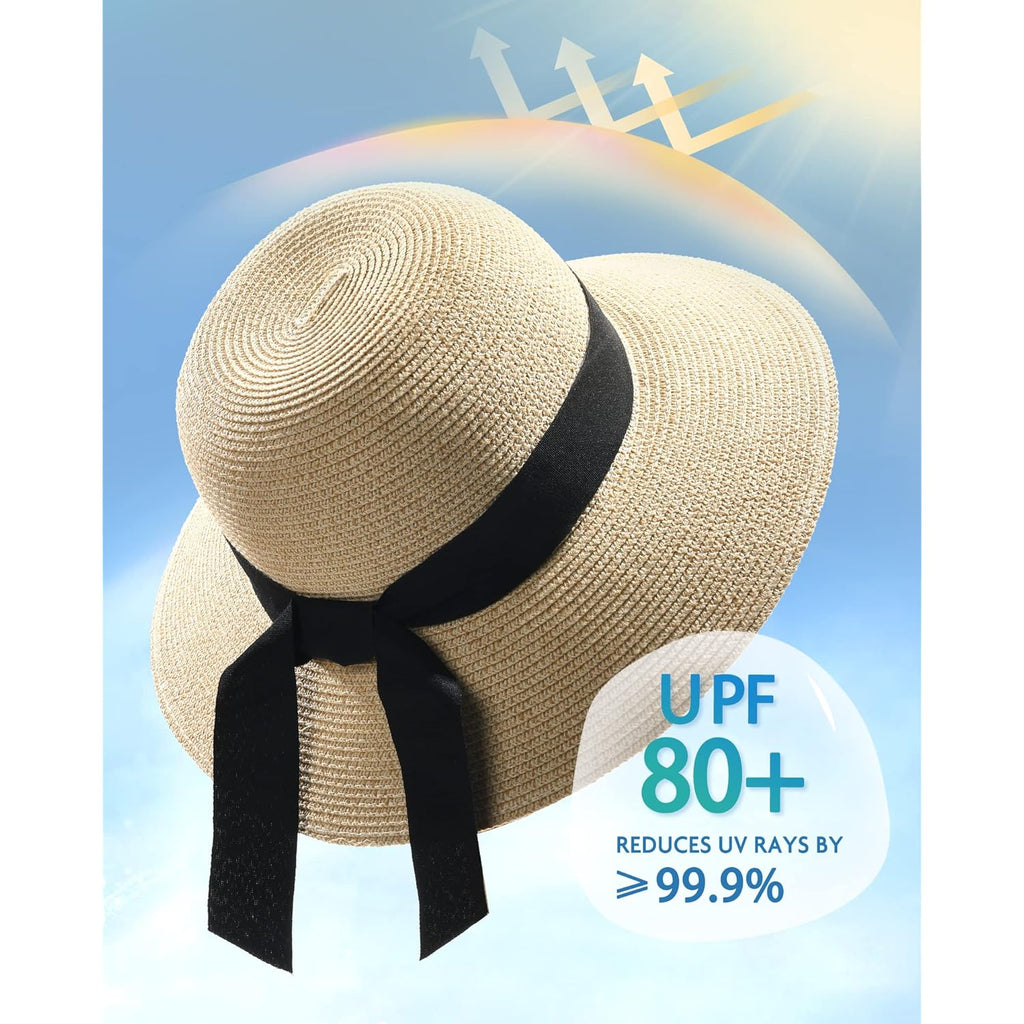 FURTALK Womens Beach Sun Straw Hat UV UPF 80+ Travel Foldable Brim Summer UV Hat