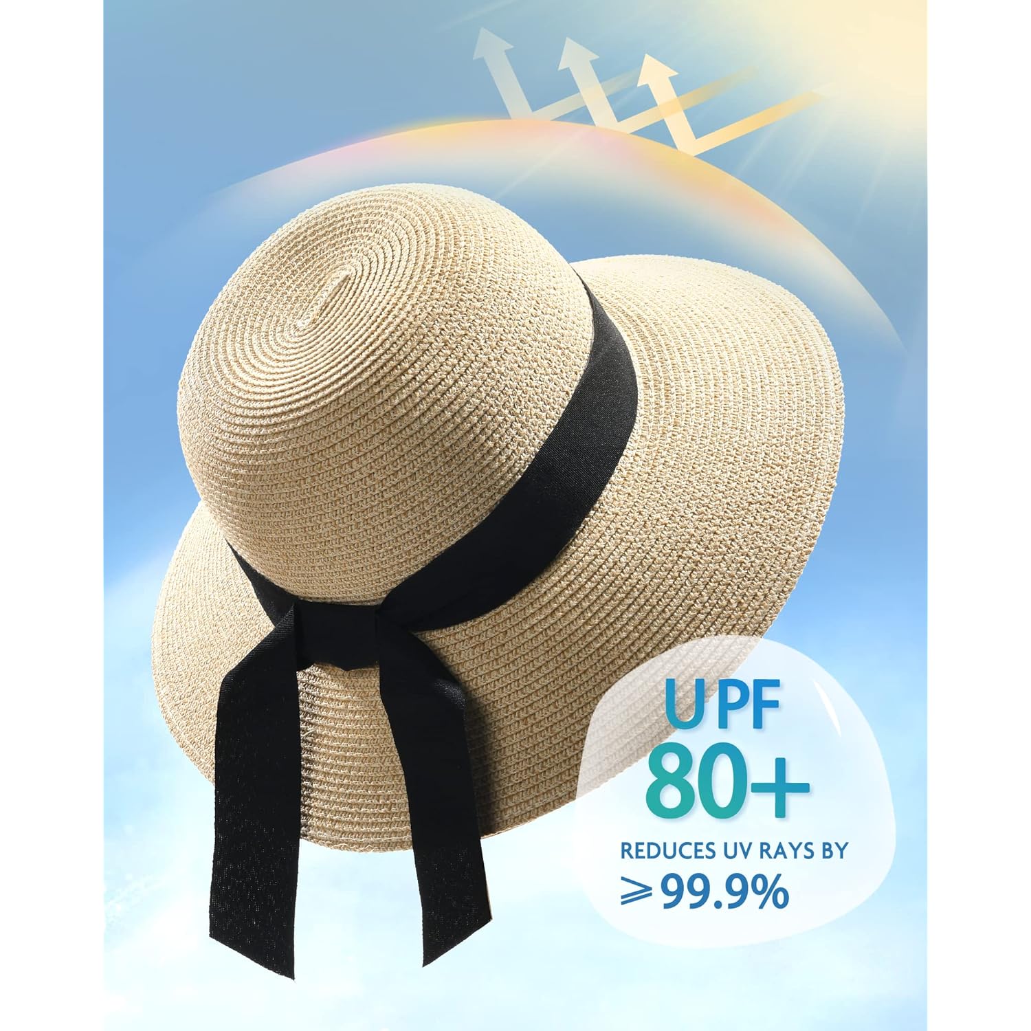 FURTALK Womens Beach Sun Straw Hat UV UPF 80+ Travel Foldable Brim Summer UV Hat