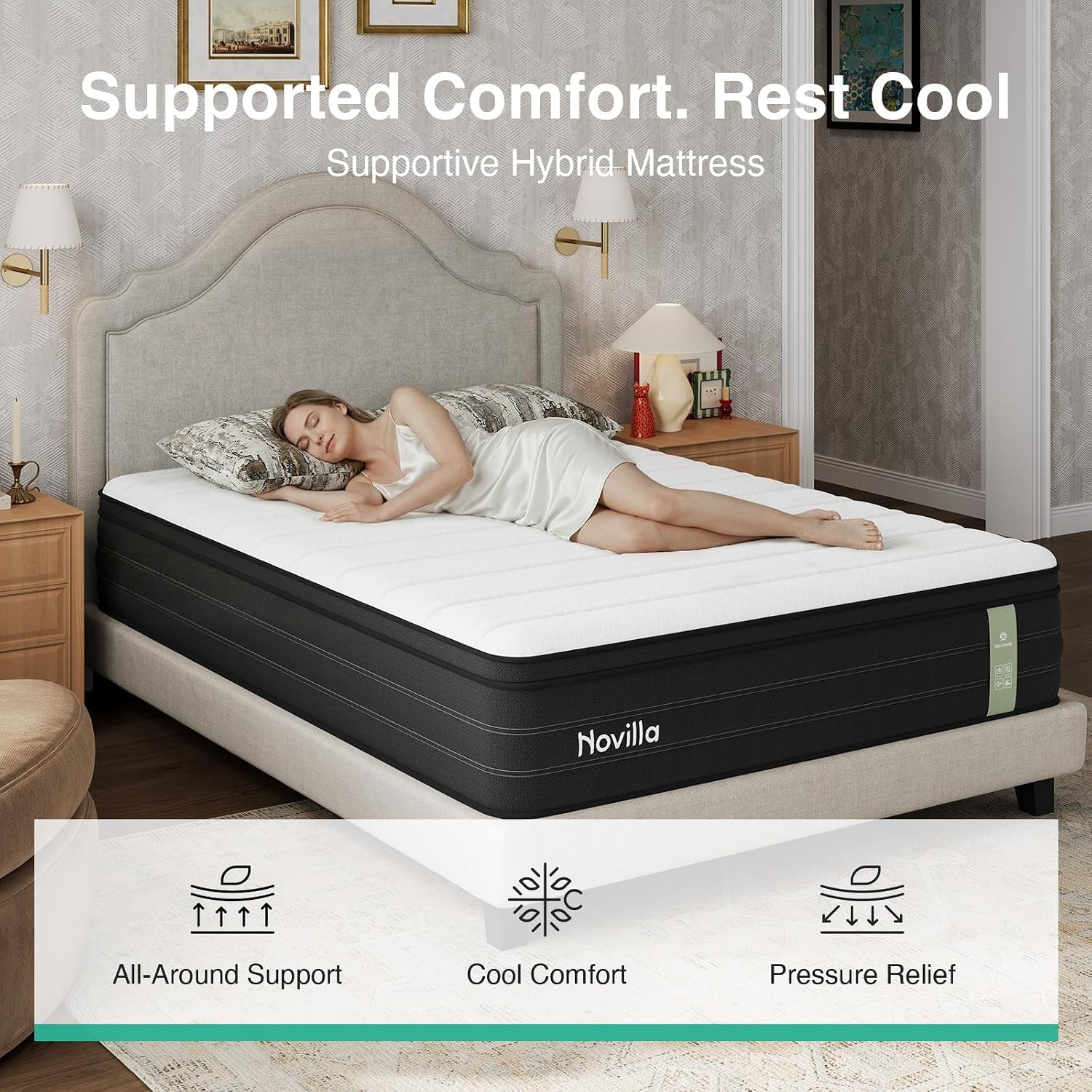 Novilla 12 Inch Queen Mattress, Cooling Queen Hybrid Mattress With Upgraded Individual Coils & Gel Memory Foam, Enhanced Support, Motion Isolation, Pressure Relief, Certipur-Us