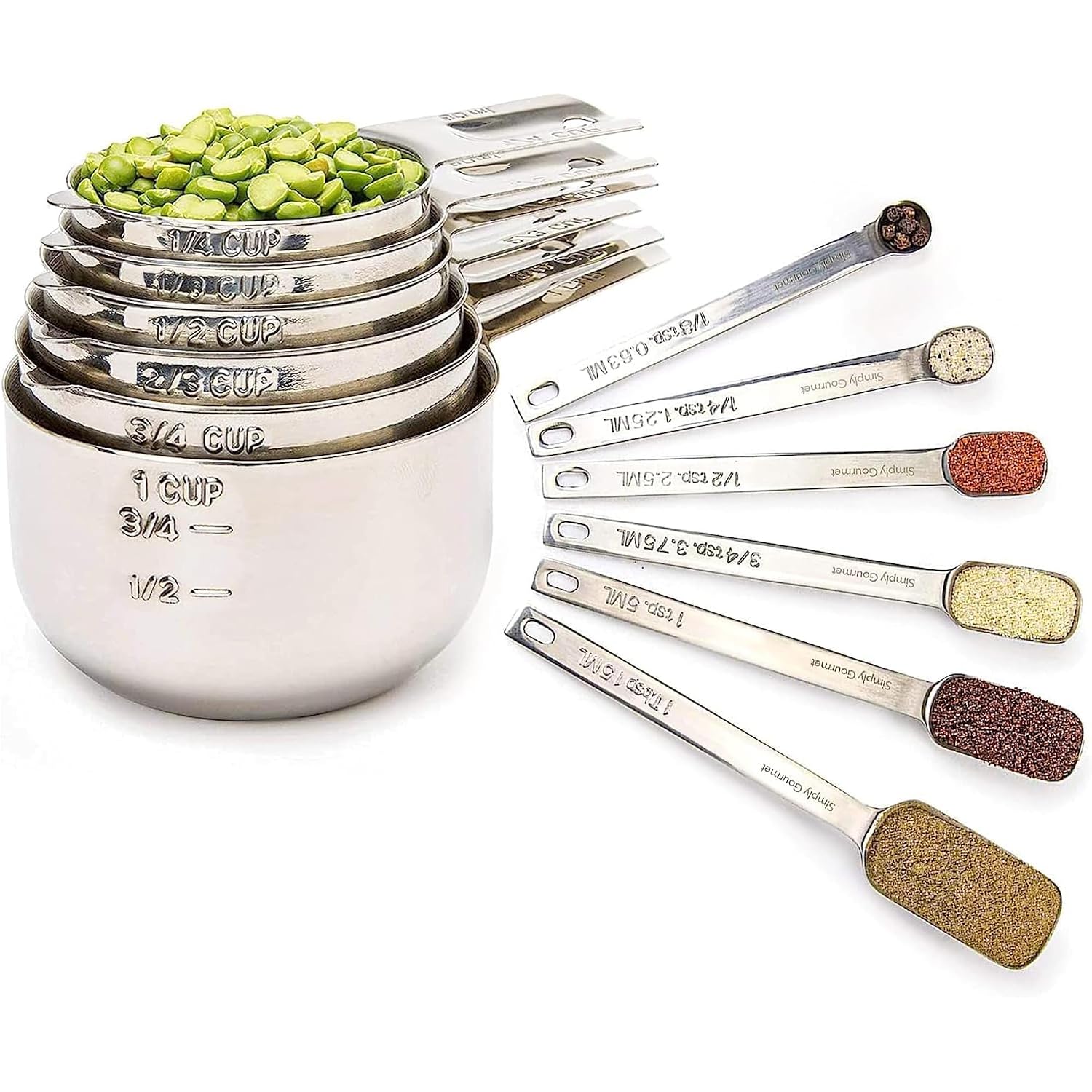 Simply Gourmet Measuring Cups & Spoons Set Of 12, 18/08 Stainless Steel Kitchen Gadgets, Stackable Design With Long Handle Spoons, Fits In Spice Jars, Cooking & Baking Set For Dry & Liquid