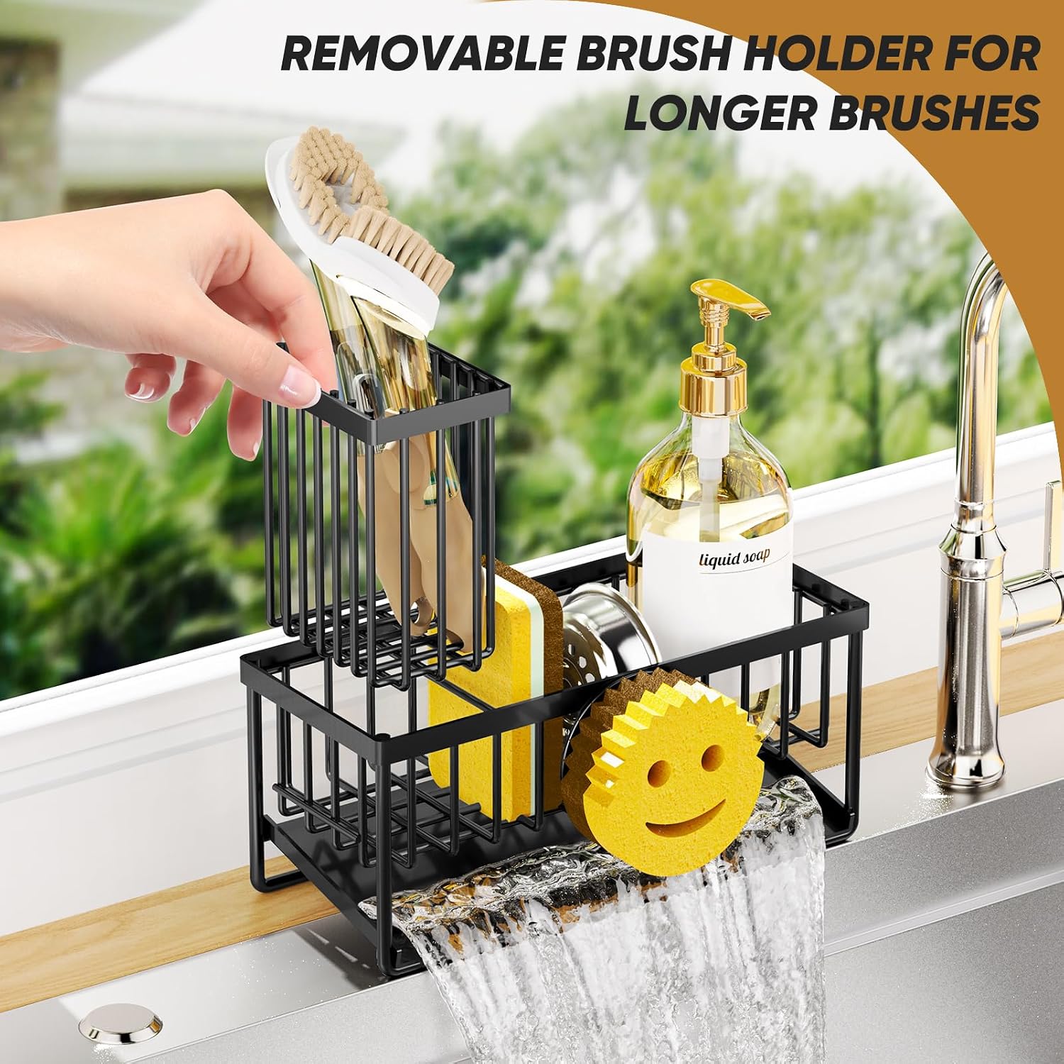 Sponge Holder For Kitchen Sink,Smiley Face Sink Caddy With Removable Brush Holder,Self-Draining Sponge Caddy For Sponge,Soap,Dish Brush,Scrubber,Kitchen Essentials And Gadgets