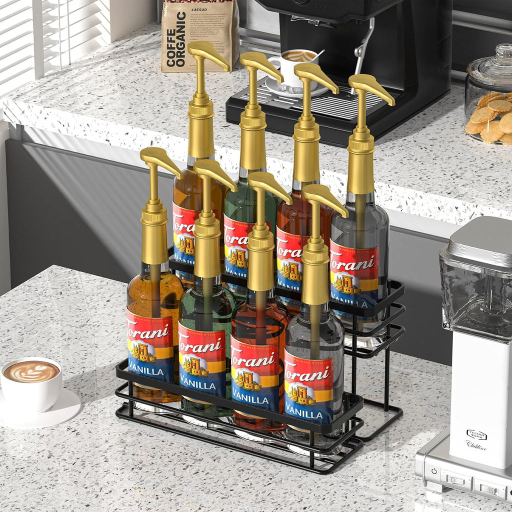 8 Bottle Coffee Syrup Organizer Rack, 2 Tier Coffee Syrup Stand Holder For Coffee Bar, Coffee Syrup Organizer For Countertop, Small Wine Rack For Family, Storage For Syrup, Dressing, Black
