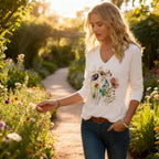 Boho Floral Graphic V Neck Shirt For Women Funny Flower Wildflower 3/4 Sleeve Tee Casual Basic Tops Pullover