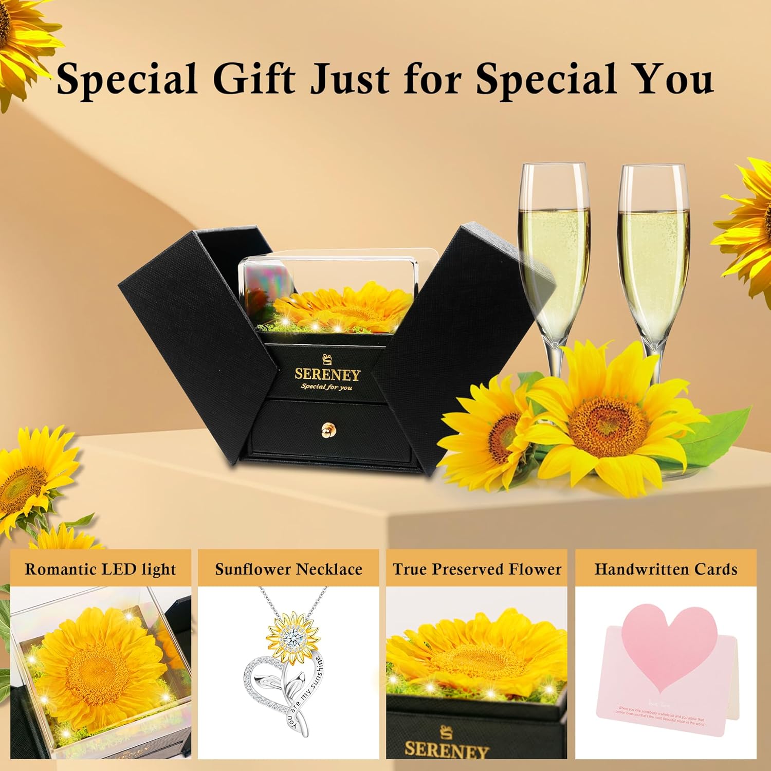 Sereney Preserved Sunflower Gifts for Women, Sunflower Necklace You are My Sunshine as Mothers Day Gift for Mom, Silver Necklace Anniversary Birthday Gifts for Wife Daughter Girlfriend