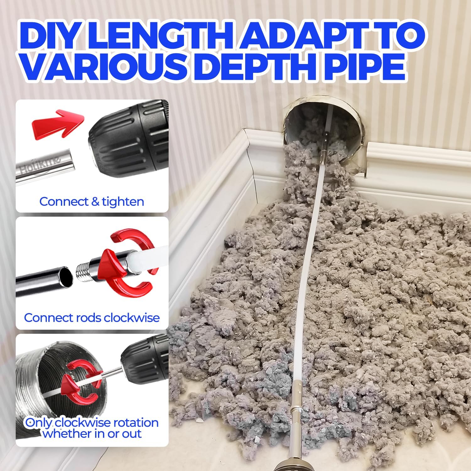 Holikme Dryer Vent Cleaner Kit - 30Ft Fireplace Chimney Brushes Flexible | Dryer Vent Cleaner Brush With Drill Attachment, Removes Years Of Lint Buildup, Improves Airflow, Faster Drying & Fire Safety