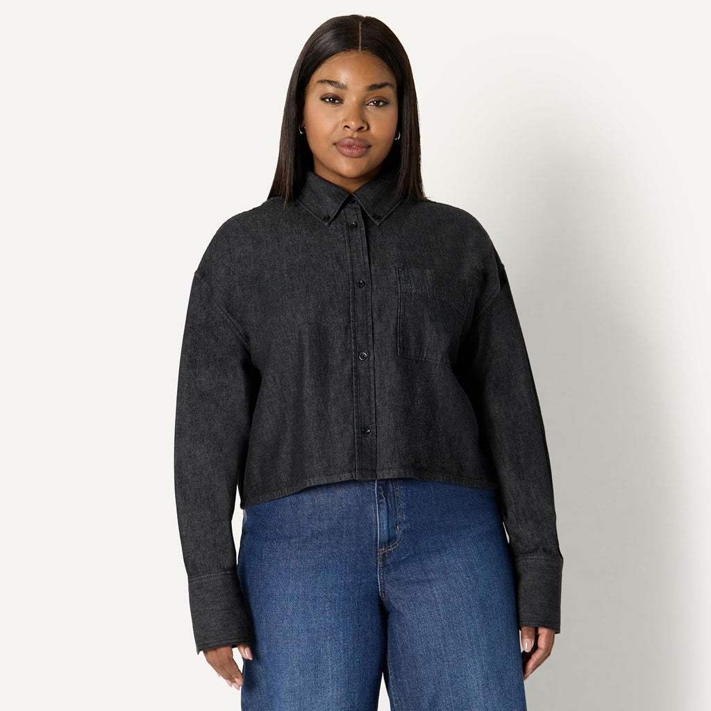 Amazon Essentials Women'S Modern Oversized-Fit Cropped Denim Button-Down Shirt