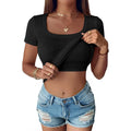 ANRABESS Womens Short Sleeve Tops Built in Bra Summer T Shirts Scoop Neck Ribbed Knit Fitted Basic Tee Casual Going Out Top