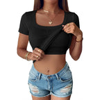 ANRABESS Womens Short Sleeve Tops Built in Bra Summer T Shirts Scoop Neck Ribbed Knit Fitted Basic Tee Casual Going Out Top