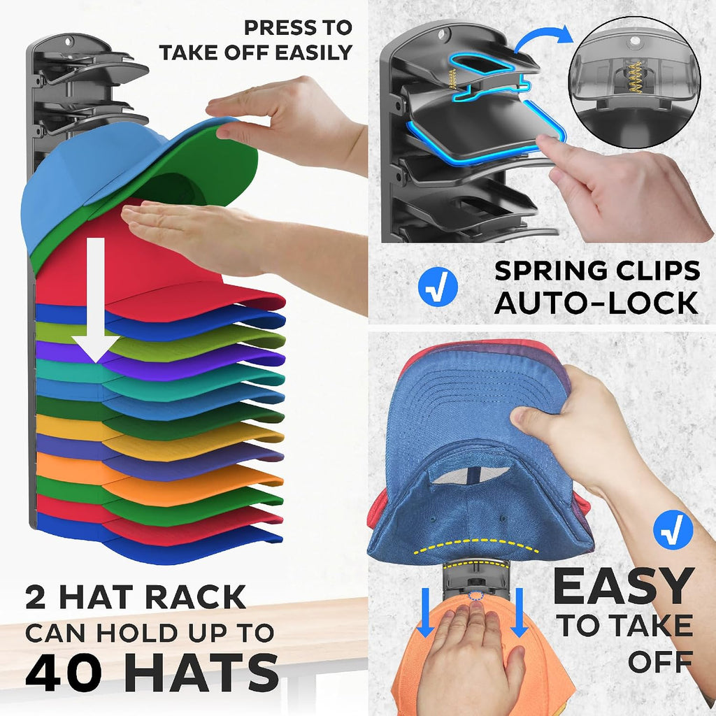 Double Capacity Hat Organizer For Baseball Caps 2 Packs - 40 Cap Storage With Spring Clips, Wall Mount Closet & Door Hat Rack Holder Hanging(Strong Adhesive & Screws) Matte Black