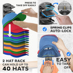 Double Capacity Hat Organizer For Baseball Caps 2 Packs - 40 Cap Storage With Spring Clips, Wall Mount Closet & Door Hat Rack Holder Hanging(Strong Adhesive & Screws) Matte Black