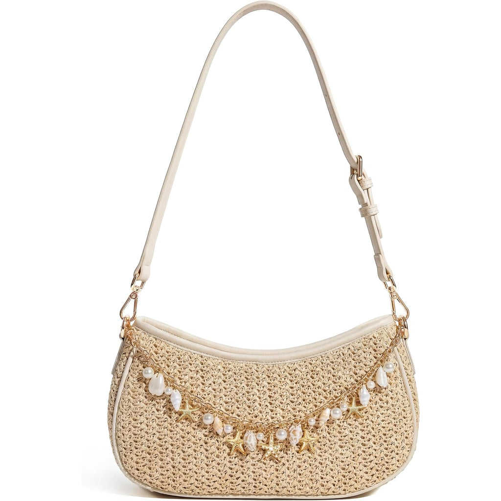 CHUNLI Straw Shoulder Bag for Women, Boho Woven Raffia Hobo Purse with Charm Chain, Adjustable Strap Summer Beach Vacation