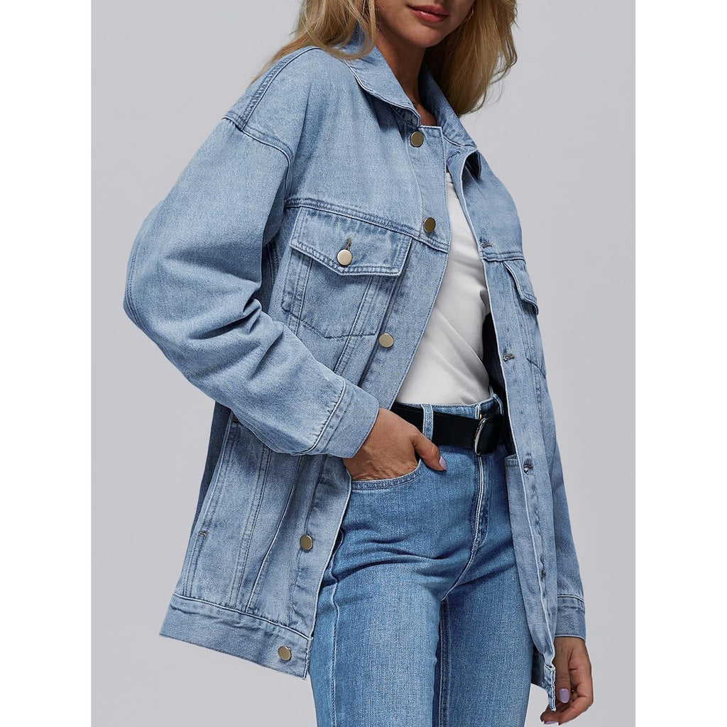 Automet Women'S Oversized Jeans Jacket, Classic Button Down Denim Jacket With Chest Pockets, Loose Fit Boyfriend Style Coat