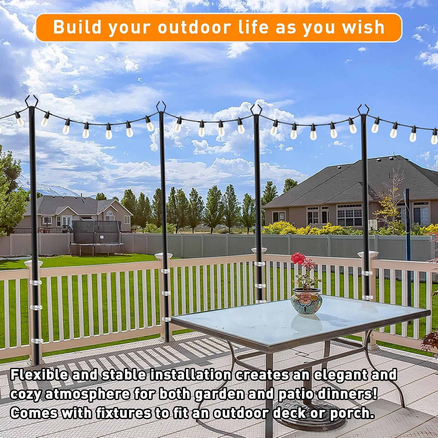 7 Pack 10 Ft String Light Poles,Metal With Fork Lights Poles For Outdoor String Light, Rustproof Heavy Duty For Outside Garden,Patio,Wedding,Backyard,Deck,Party