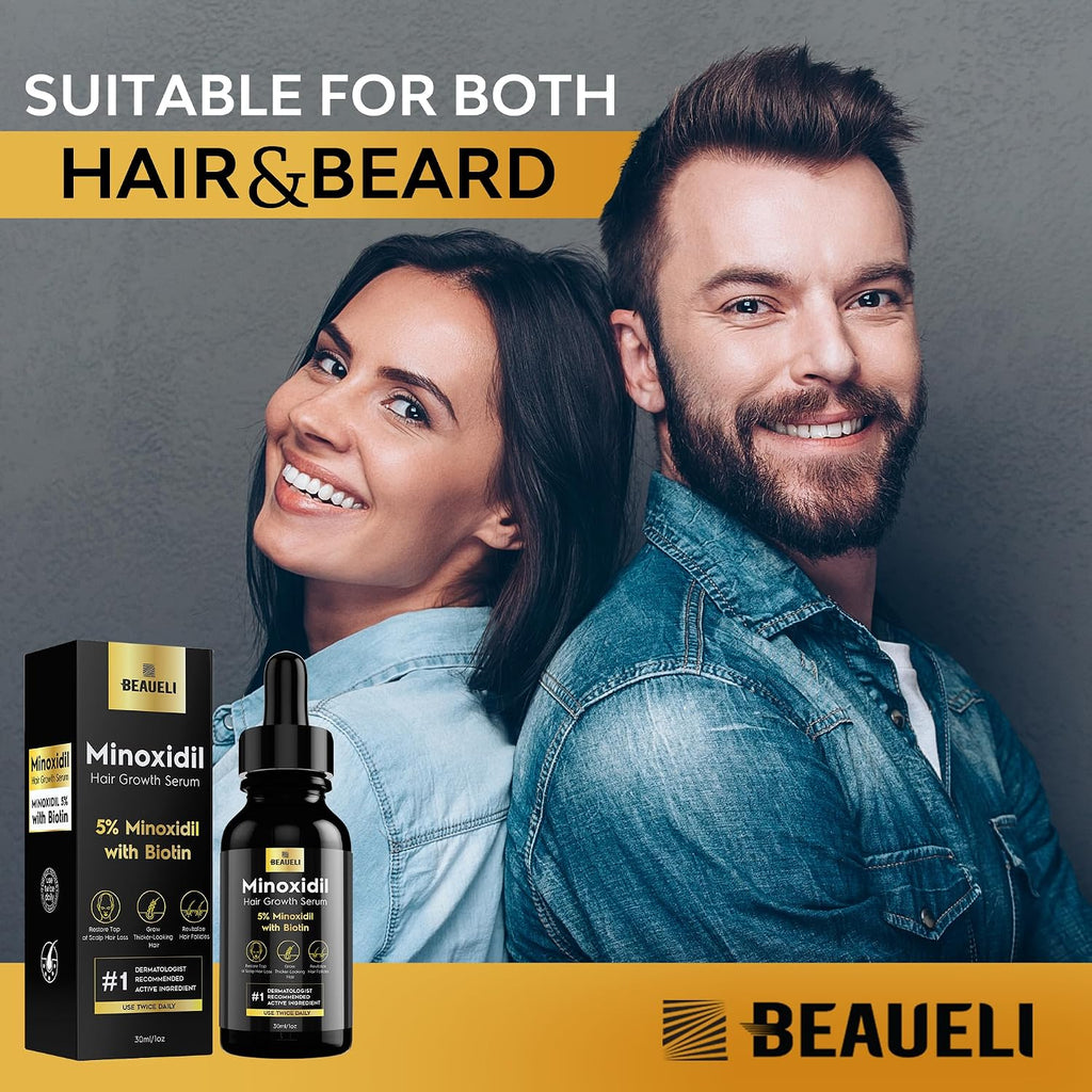 Beaueli 5% Minoxidil For Men & Women Hair Growth, Beard Growth, Hair Loss Treatment, Unisex Adult 1Oz