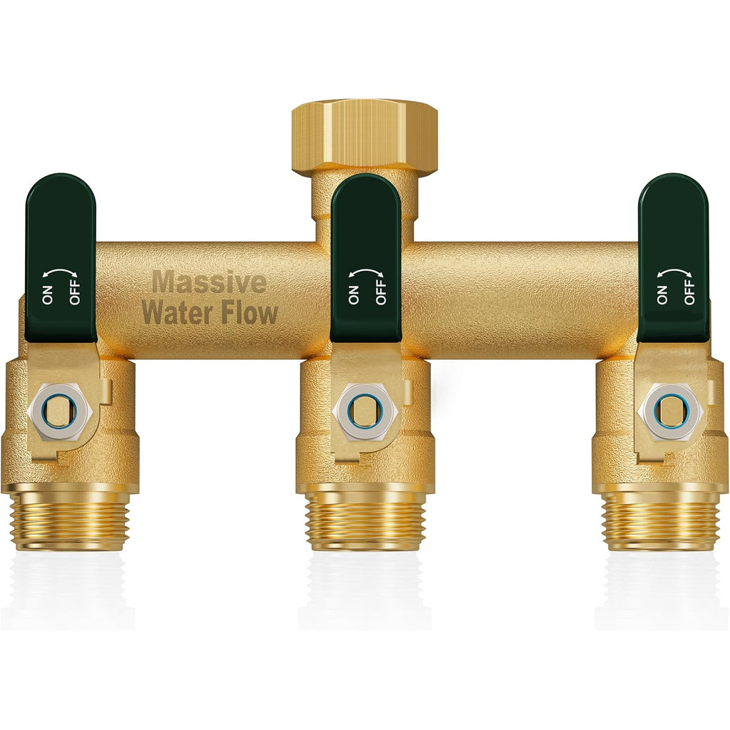 3 Way Hose Splitter, Heavy Duty Full Flow Garden Water Hose Bib Spigot Splitter, Brass Rust And Freeze Resistant Outdoor Faucet Splitter, T Adapter Connector With 3/4 - Inch Ght Thread （Green）