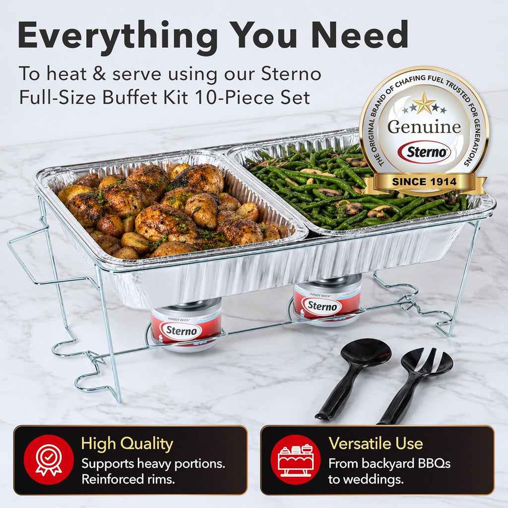 Sterno Disposable Complete Chafing Dish Buffet Set, 6-Hour Chafer Fuel Wick, Food Warmers, Warming Trays, Lids & Serving Utensils