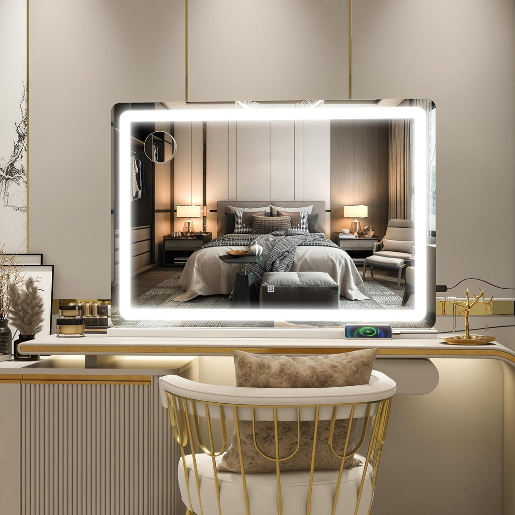 Rolove Vanity Mirror With Lights, 32" X 22" Large Lighted Vanity Mirror With Dimmable 3 Modes, Led Makeup Mirror, Touch Screen Control, Usb Charging Port, Tabletop Or Wall-Mounted