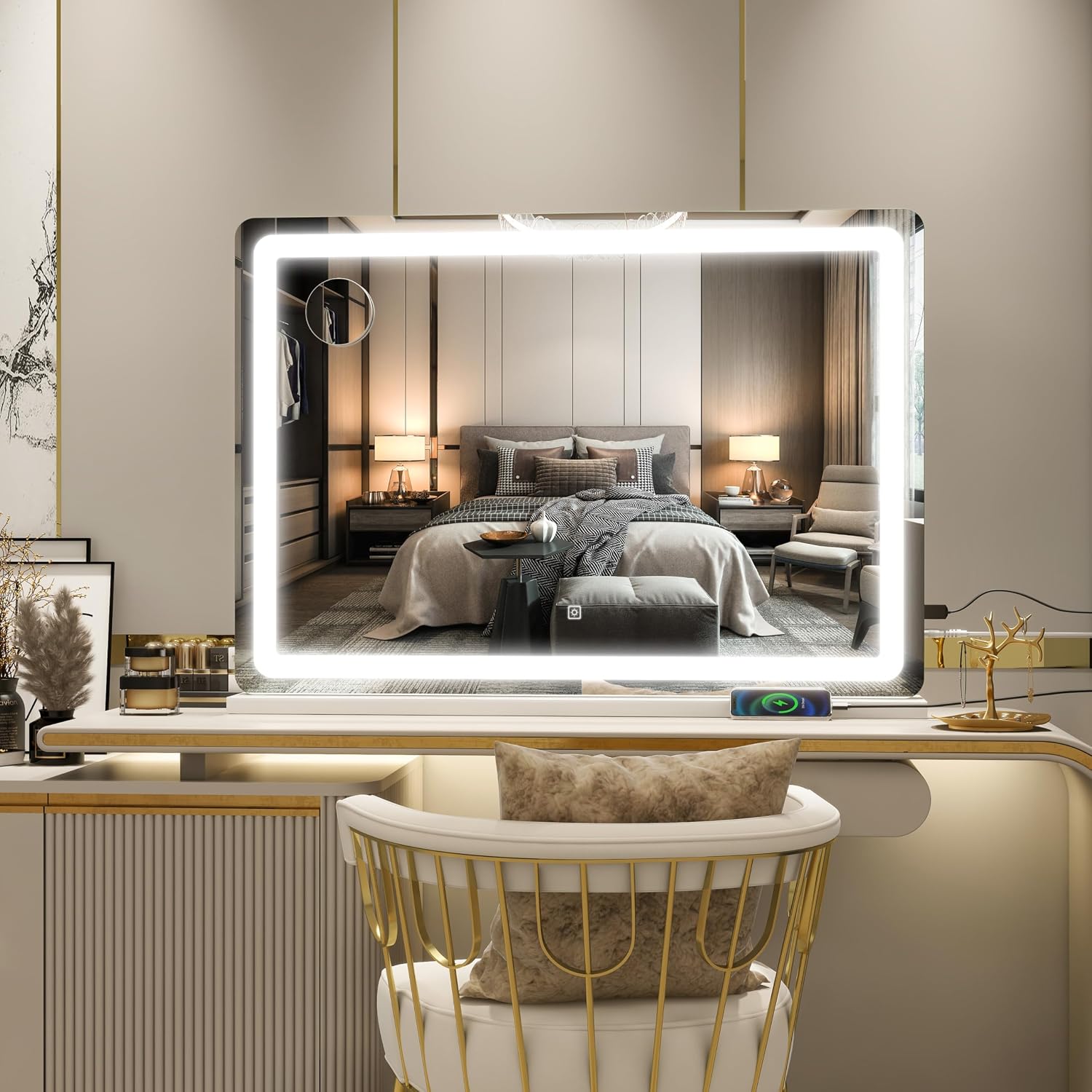 Rolove Vanity Mirror With Lights, 32" X 22" Large Lighted Vanity Mirror With Dimmable 3 Modes, Led Makeup Mirror, Touch Screen Control, Usb Charging Port, Tabletop Or Wall-Mounted