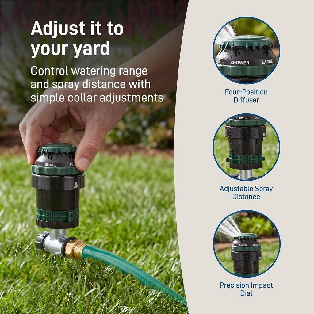 Orbit H2O-Six Gear-Drive Sprinkler On Metal T-Spike - Customizable Lawn Watering Coverage - Multi-Pattern Rotating Head With Adjustable Spray Range - Durable Outdoor Yard Irrigation Sprinkler - 58573