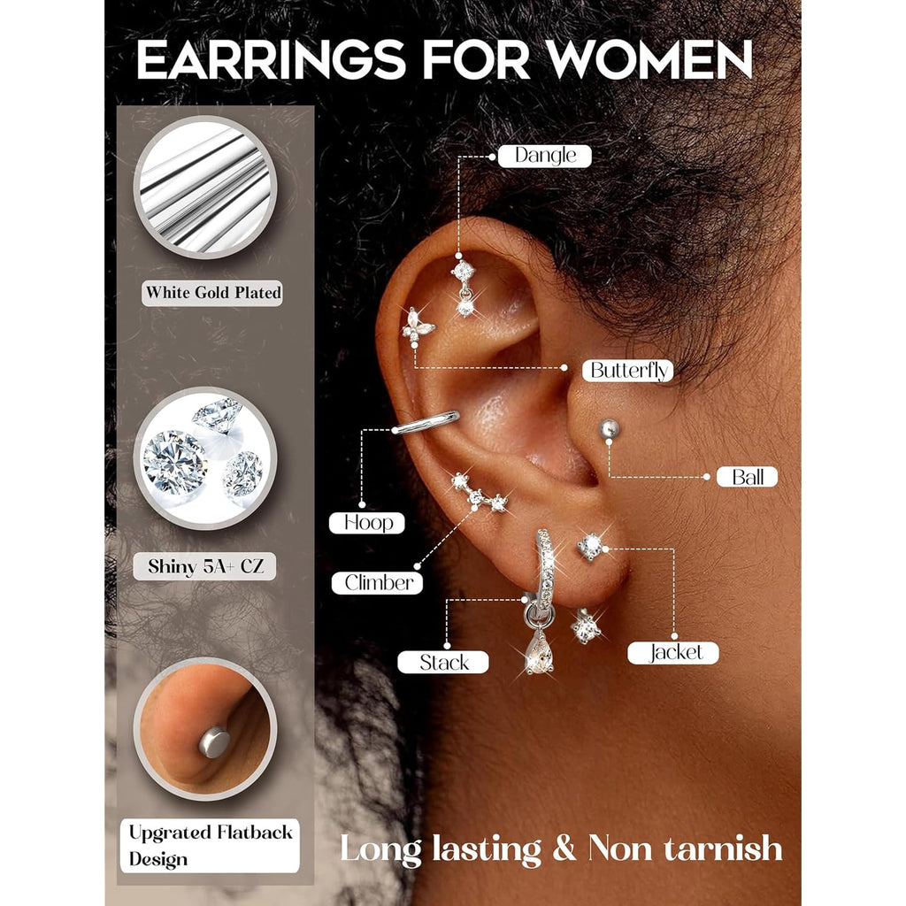 BESTEEL Hypoallergenic Flat Back Earrings Cartilage - Gold Silver Earring Stacks Surgical Stainless Steel Helix Tragus Conch Flatback Stud Hoop Earring Sets for Sensitive Ears Women Trendy Gift