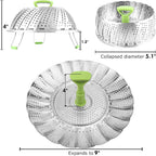 Consevisen Vegetable Steamer Basket for Cooking Food, Stainless Steel Veggie Steam Basket for Pot, Folding Expandable Steaming Insert with Extendable Handle Fits Various Size Pot, 5.1" to 9"