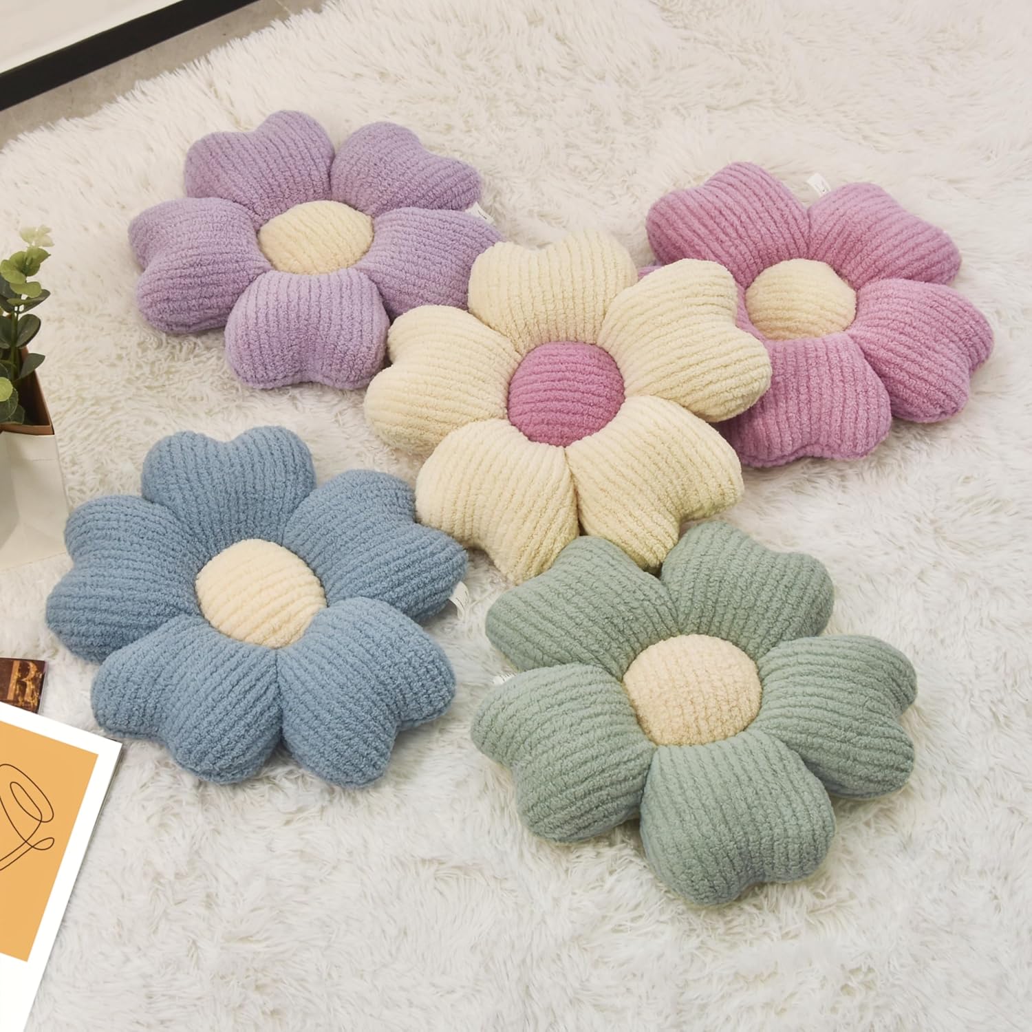2 Pcs Sage Green Decorative Throw Pillows, 15'' Cute Daisy Flower Shaped Pillow Floor Seating Cushion for Bed Couch Bedroom Room Dorm Decor (Sage Green & Ivory)
