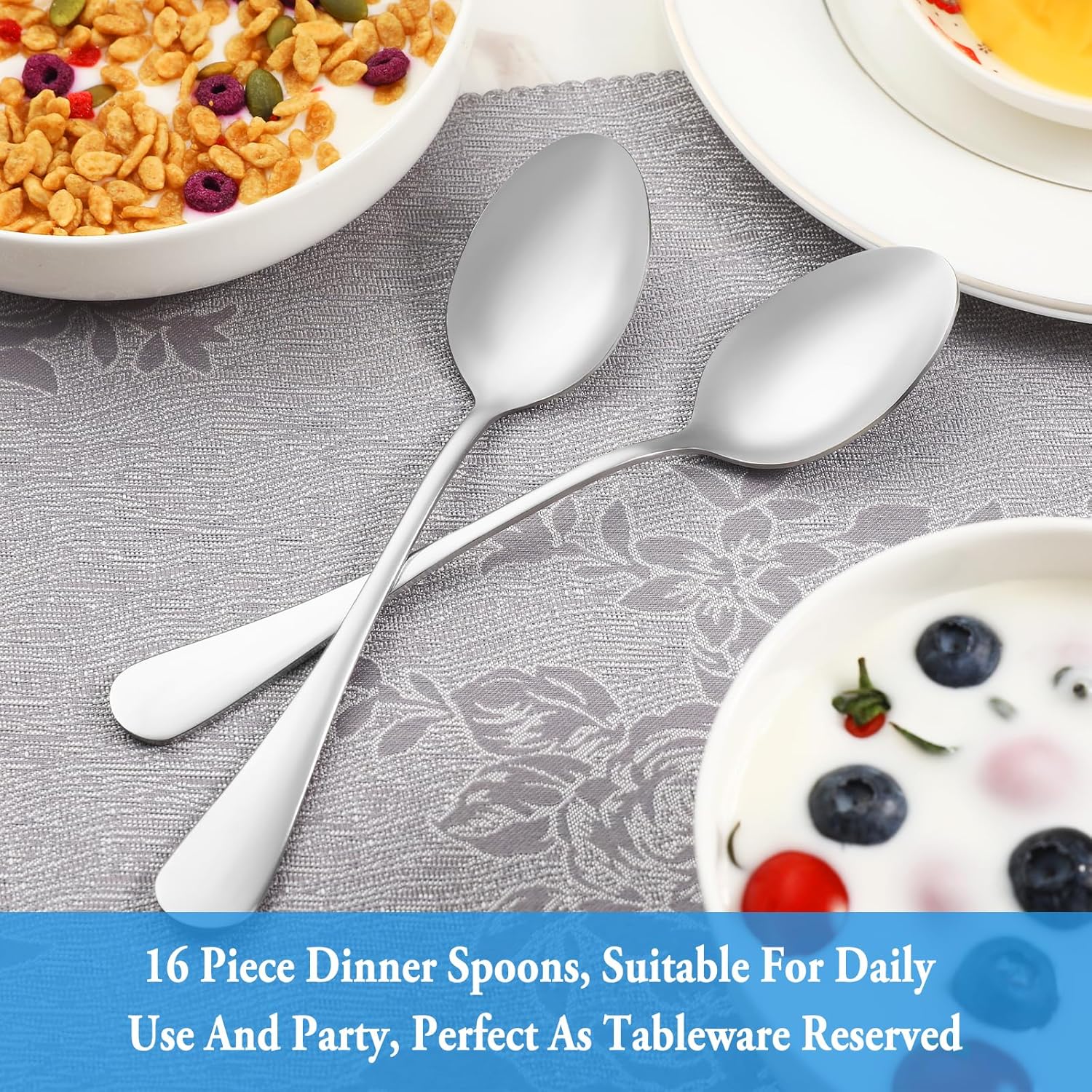 Dinner Spoon Set,16 Pcs 7.3" Tablespoons,Premium Food Grade Stainless Steel Spoons,Durable Metal Spoon,Tablespoon,Silverware Spoons Only,Mirror Finish & Dishwasher Safe,Use for Home,Restaurant